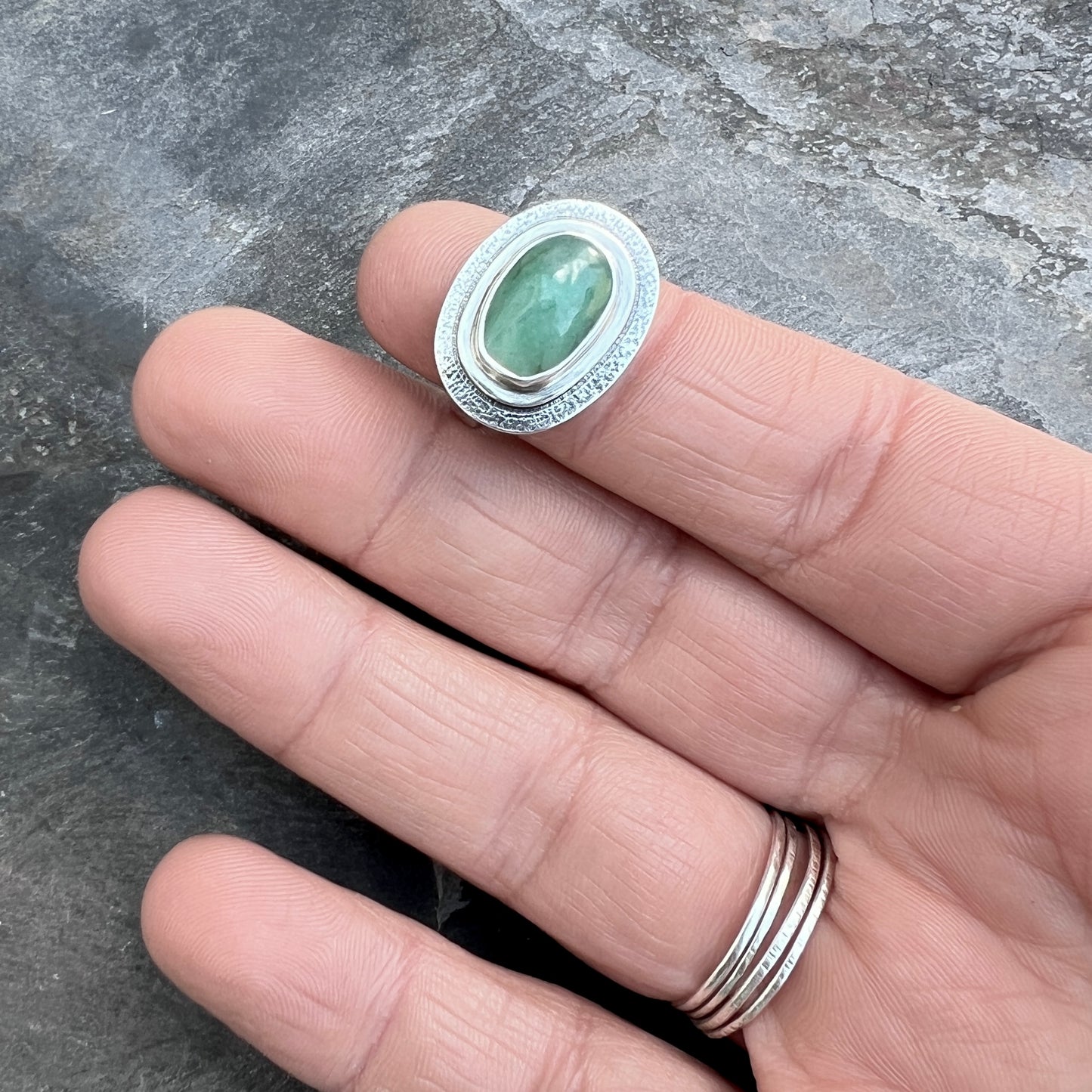 Sterling Silver Emerald Ring | Natural Stone Cabochon Ring - Size 7.25