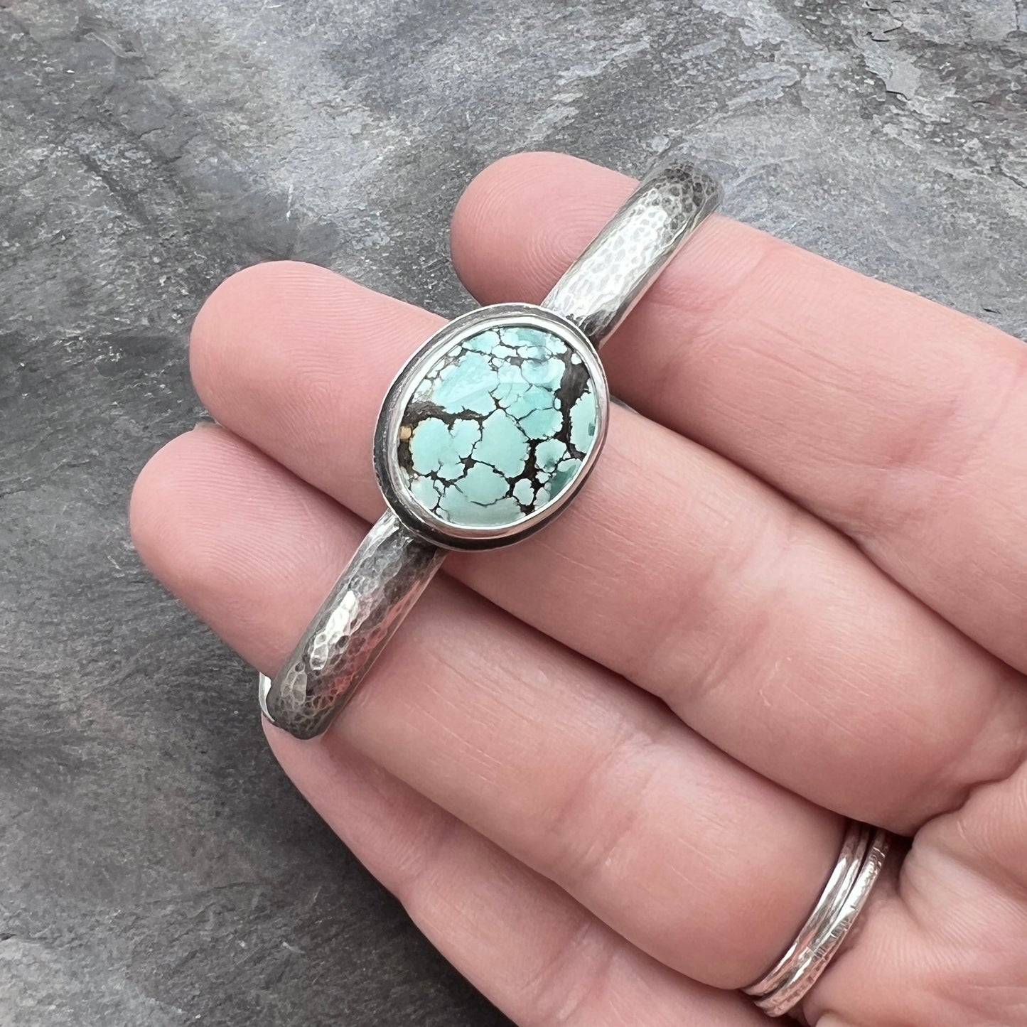 Sterling Silver Turquoise Bracelet | Genuine Natural Turquoise Hammered Cuff with Toggle Clasp