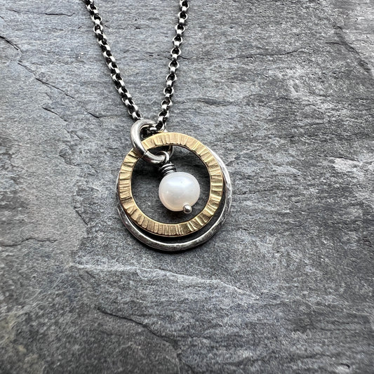 Dainty Pearl Sterling Silver Necklace | Mixed Metal White Pearl Pendant