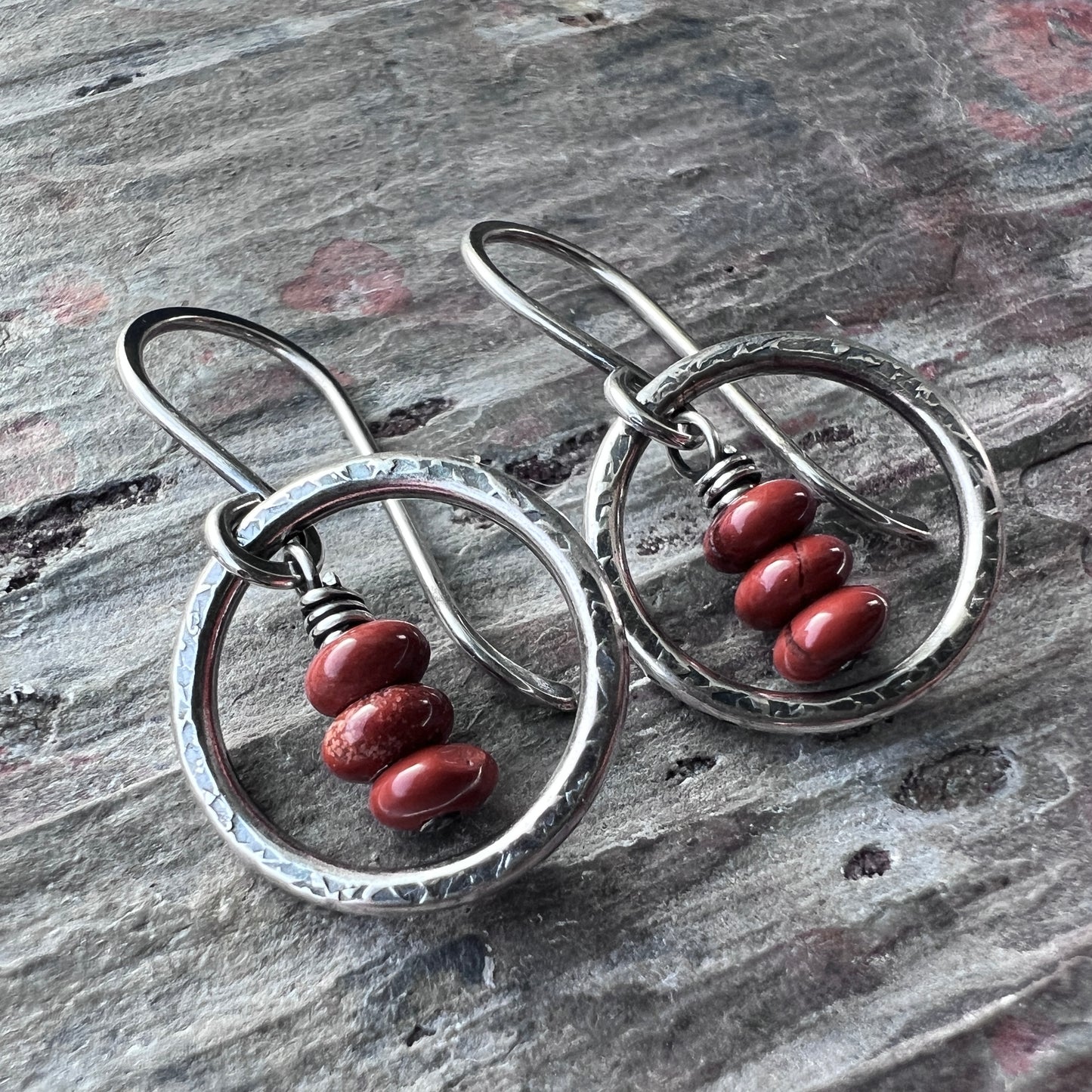 Sterling Silver Red Jasper Earrings | Natural Stones in Hammered Rings