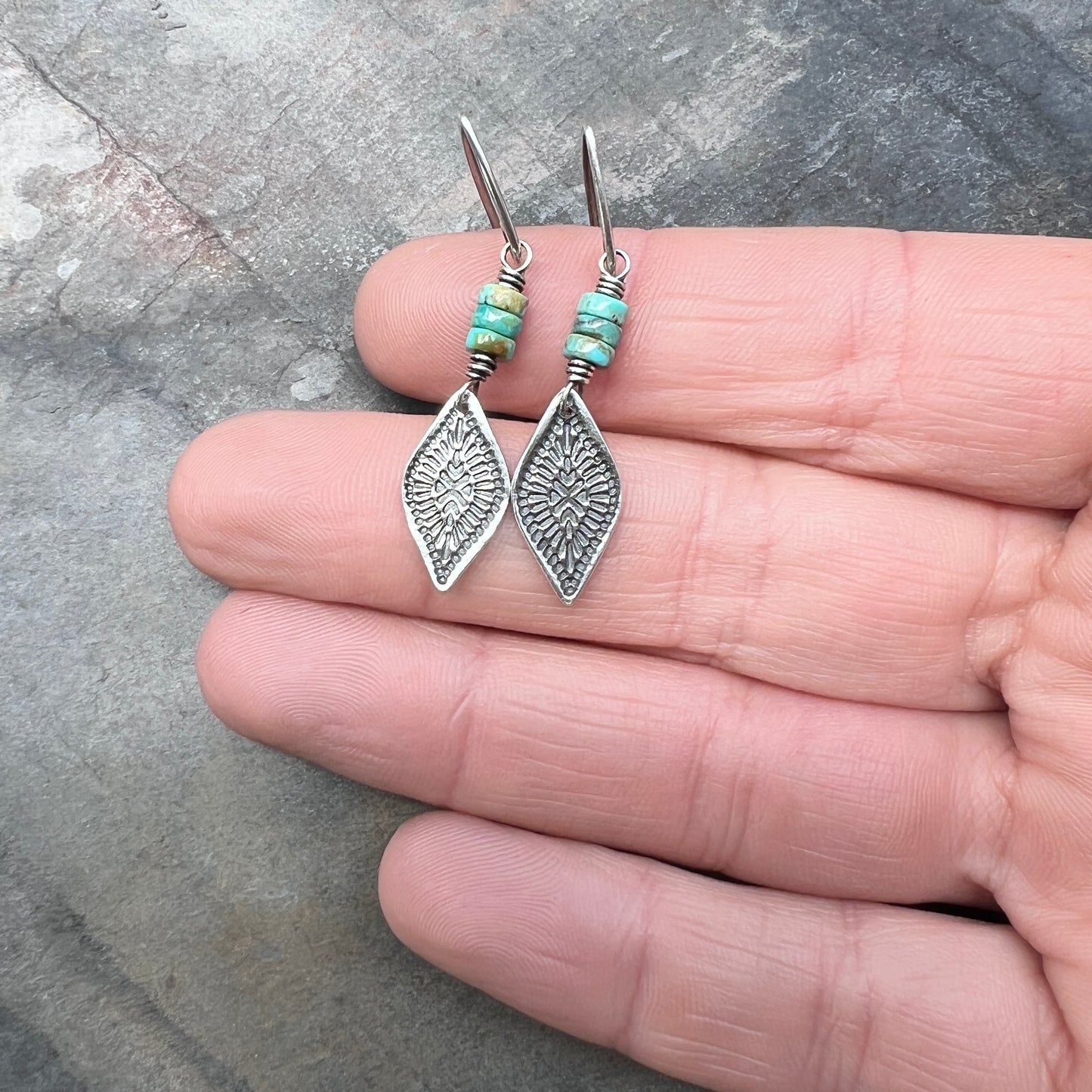 Genuine Turquoise Sterling Silver Earrings | Natural Stone Beads with Stamped Silver Dangle