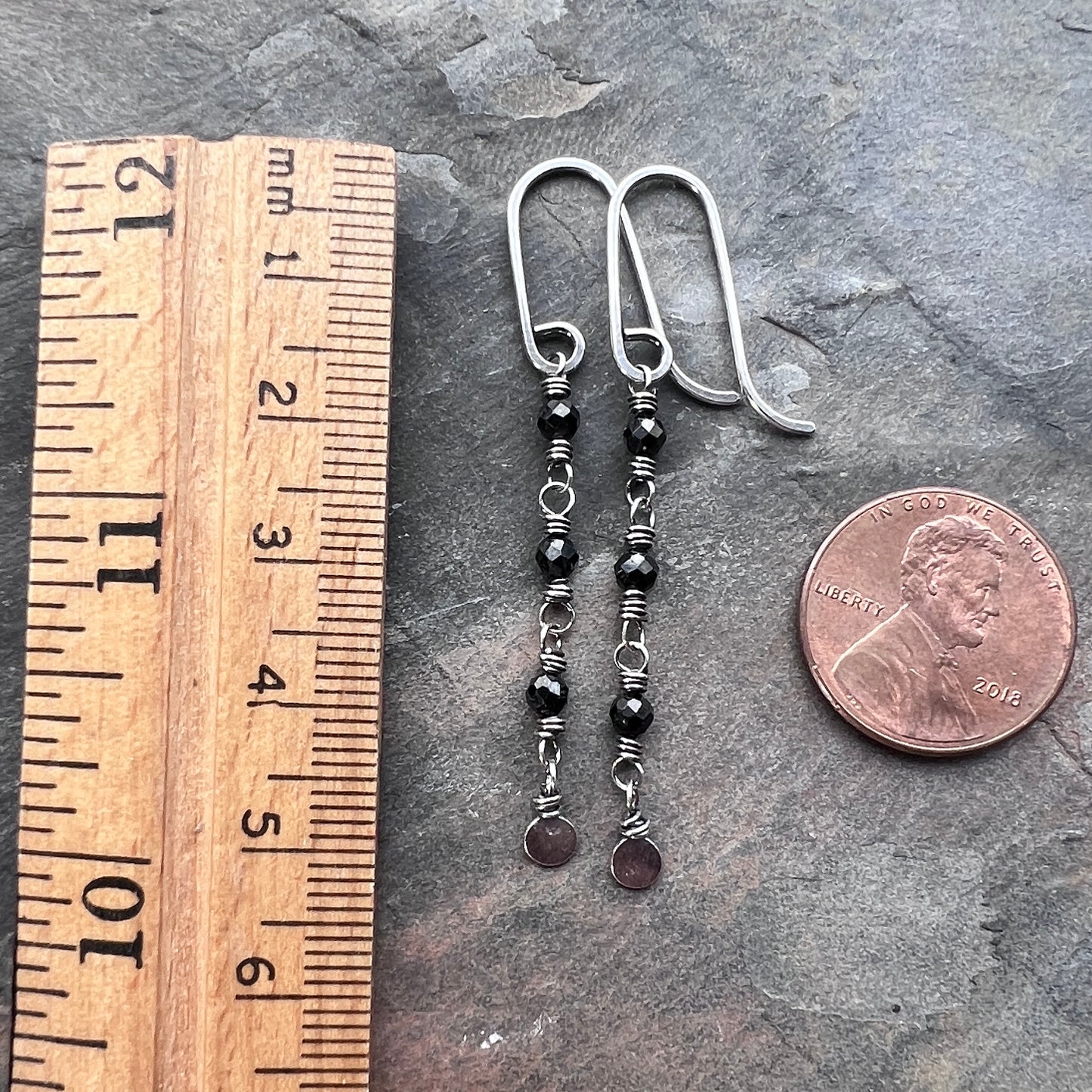 Sterling Silver Black Spinel Earrings | Beaded Stone Long Dangles