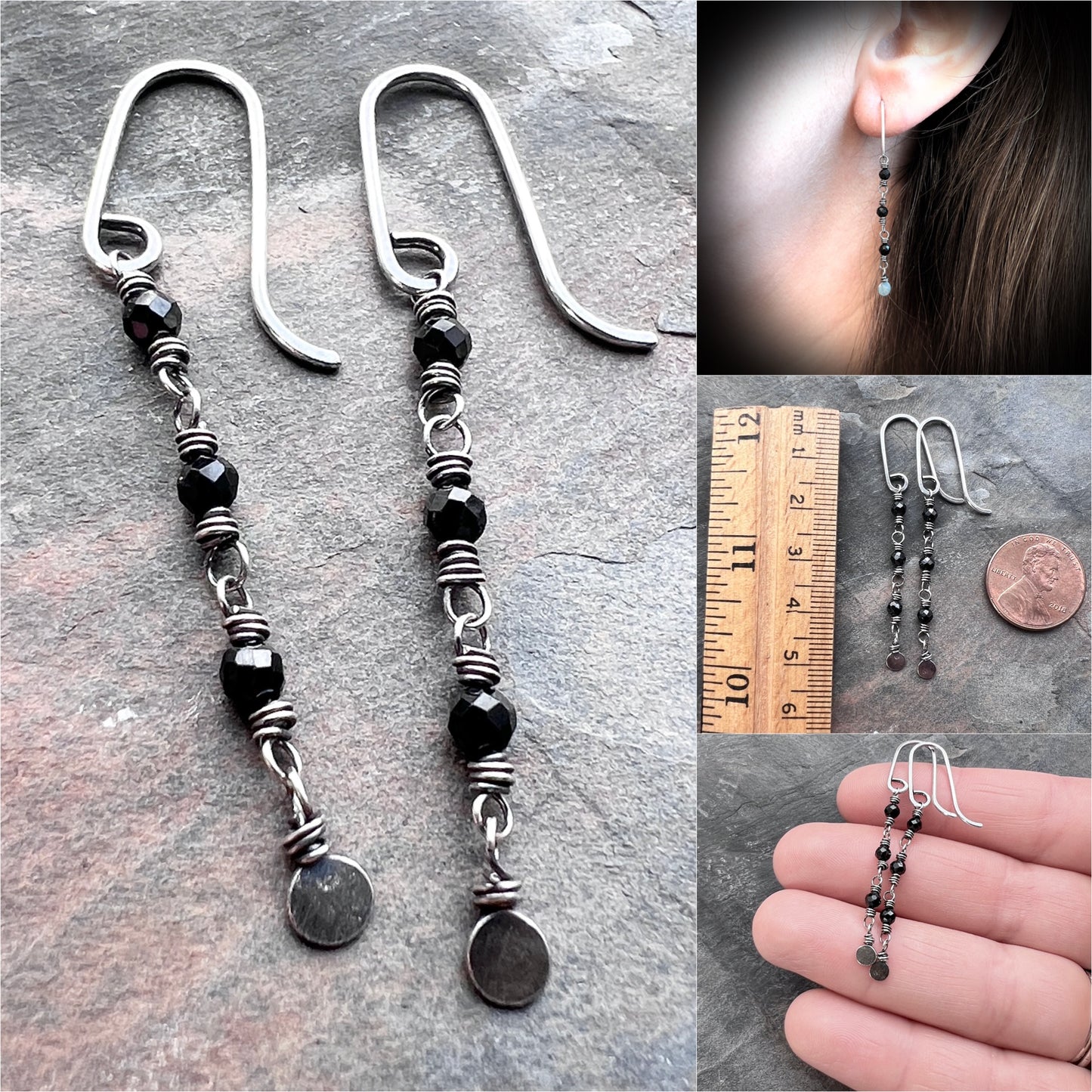 Sterling Silver Black Spinel Earrings | Beaded Stone Long Dangles