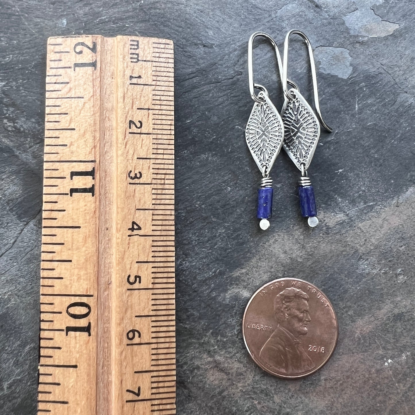 Sterling Silver Lapis Lazuli Earrings | Blue Natural Stone Stamped Silver Dangles