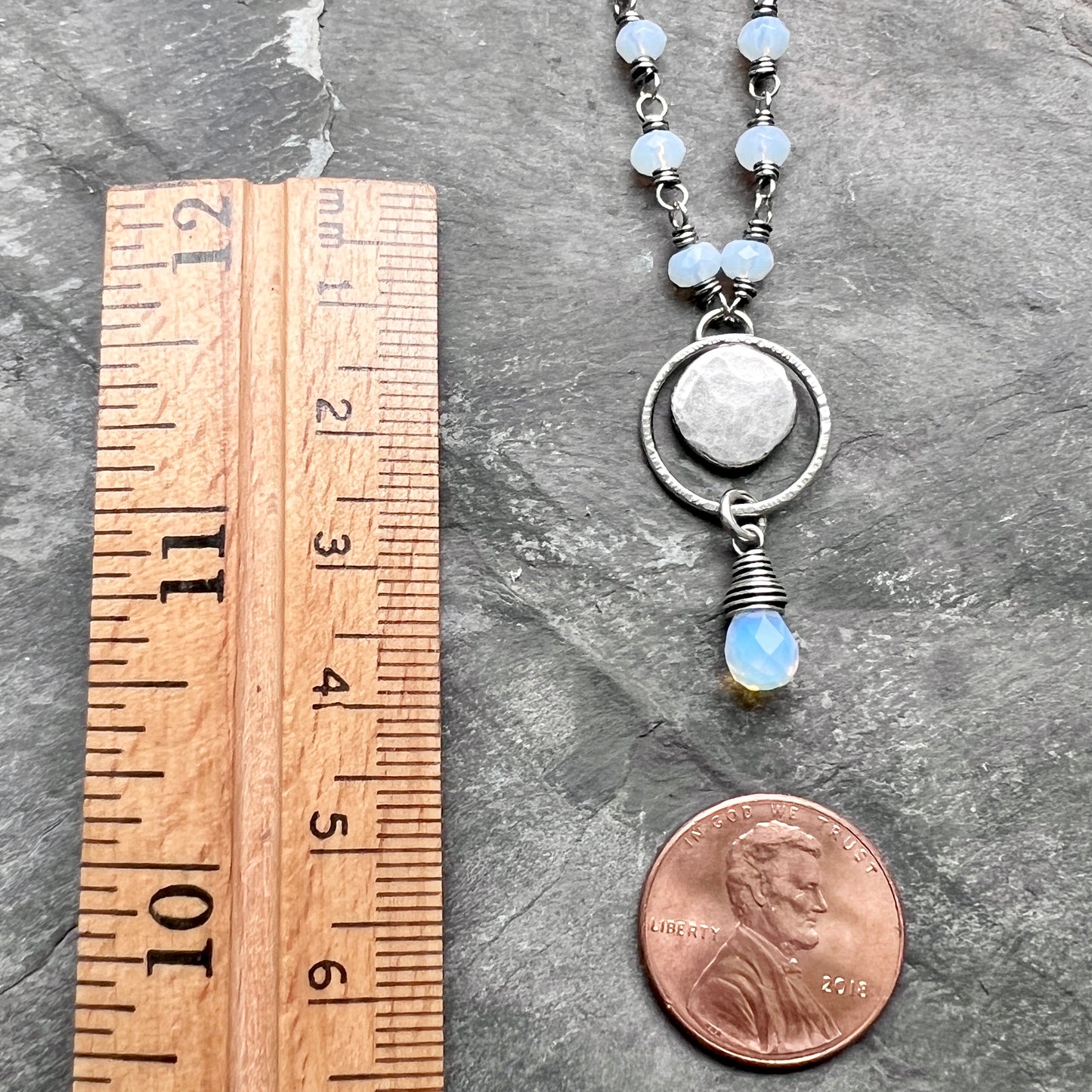 Sterling Silver Opalite Necklace | Wire-wrapped Opalite with Hammered Silver Pebble Pendant