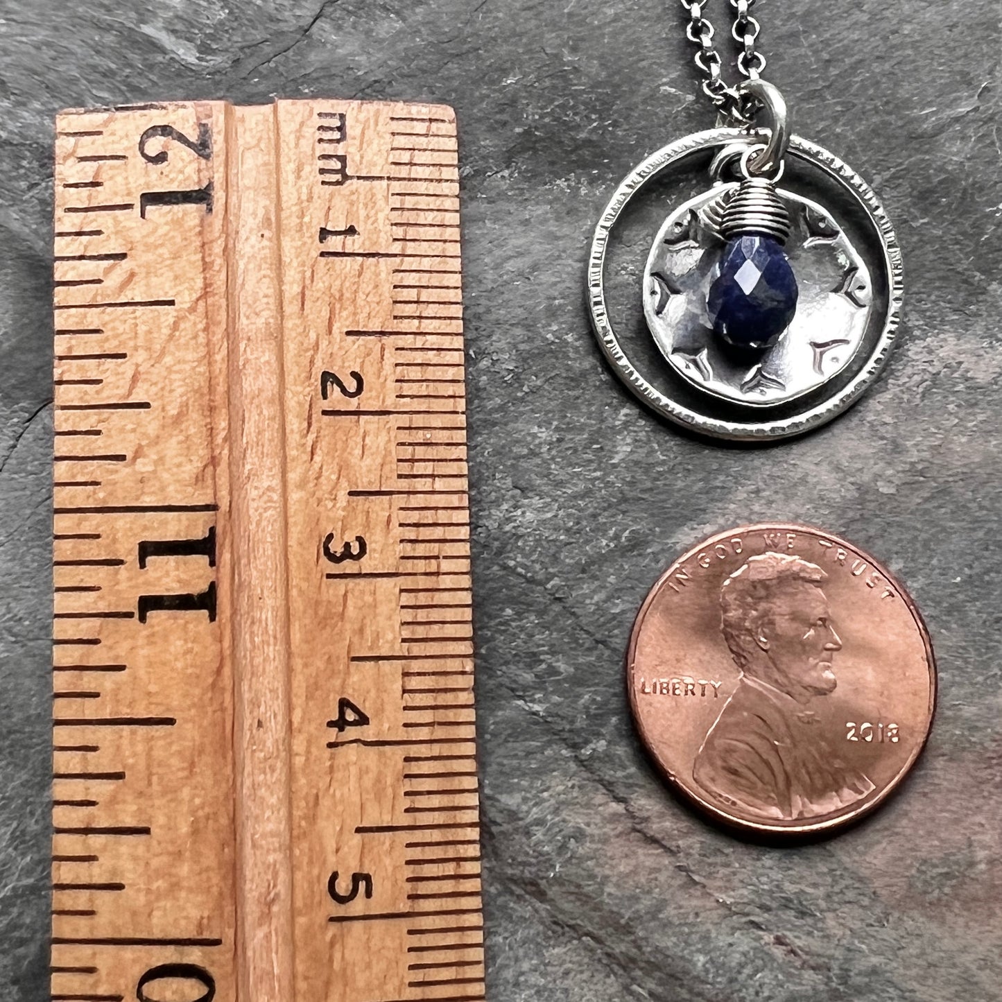 Genuine Sapphire Sterling Silver Necklace | Dark Blue Gemstone Stamped Circle Pendant