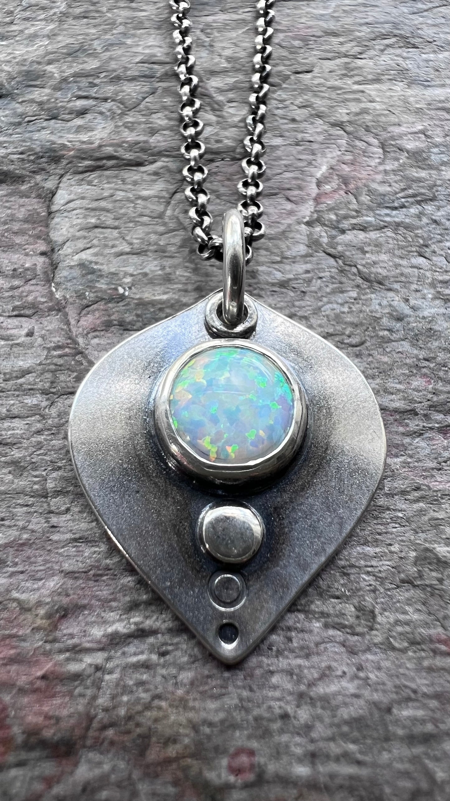 Sterling Silver Simulated Opal Necklace - Handmade Opal Petal Pendant on Sterling Silver Chain