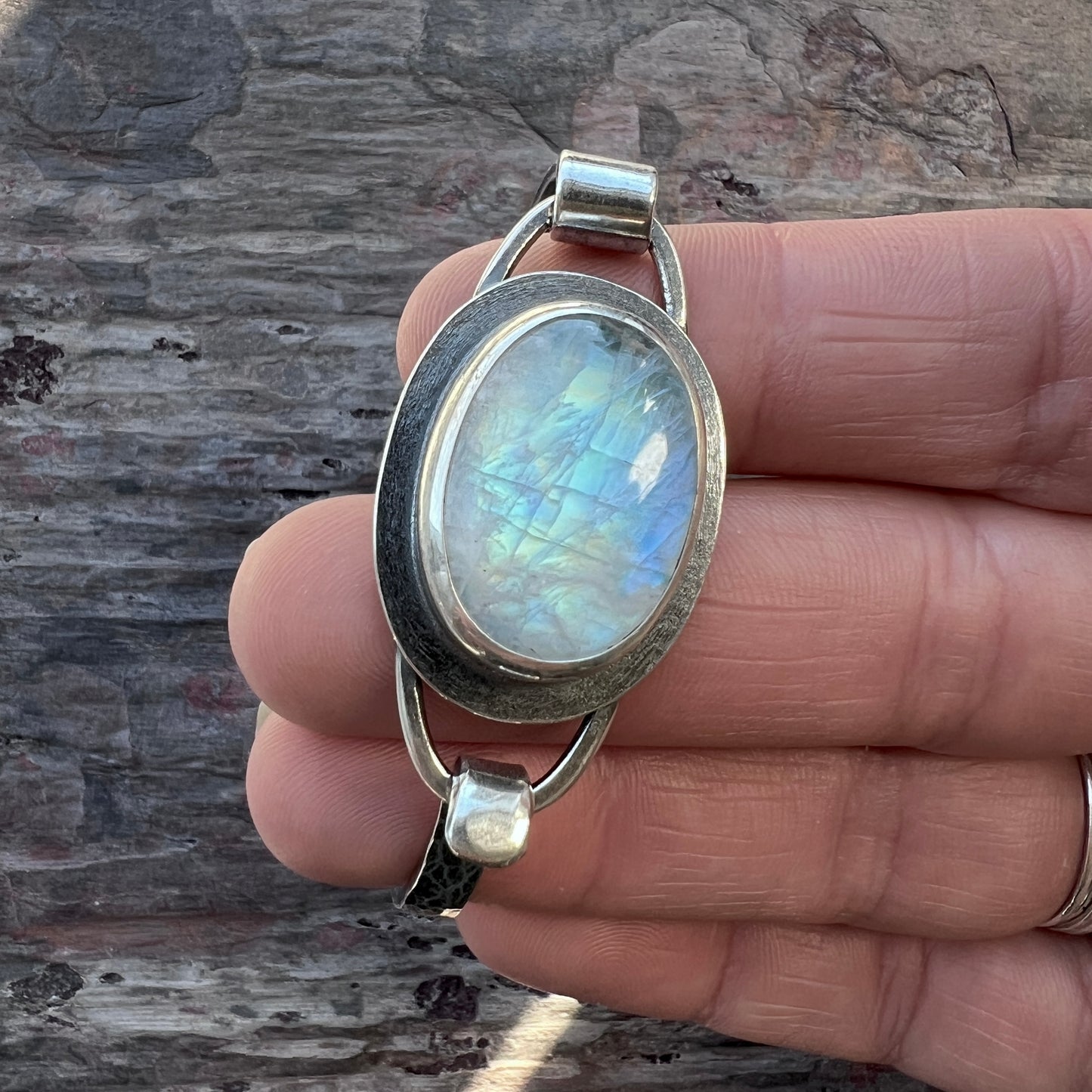 Rainbow Moonstone Sterling Silver Bracelet | Artisan Silver Cuff Bracelet