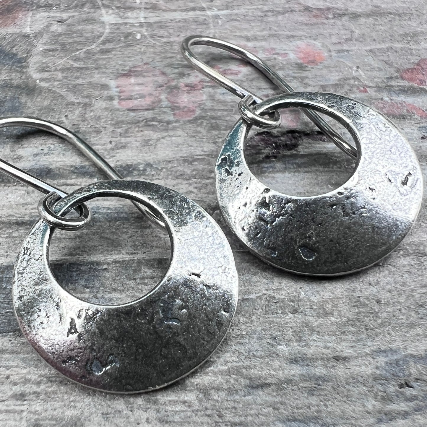 Sterling Silver Textured Circle Dangle Hoop Earrings