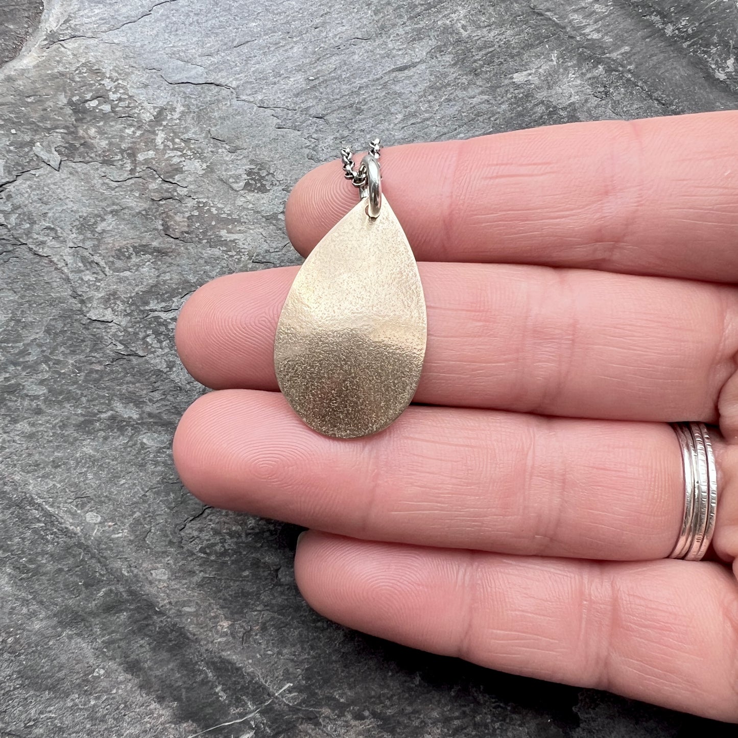Golden Bronze Teardrop Pendant with Sterling Silver Chain | Mixed Metal Necklace