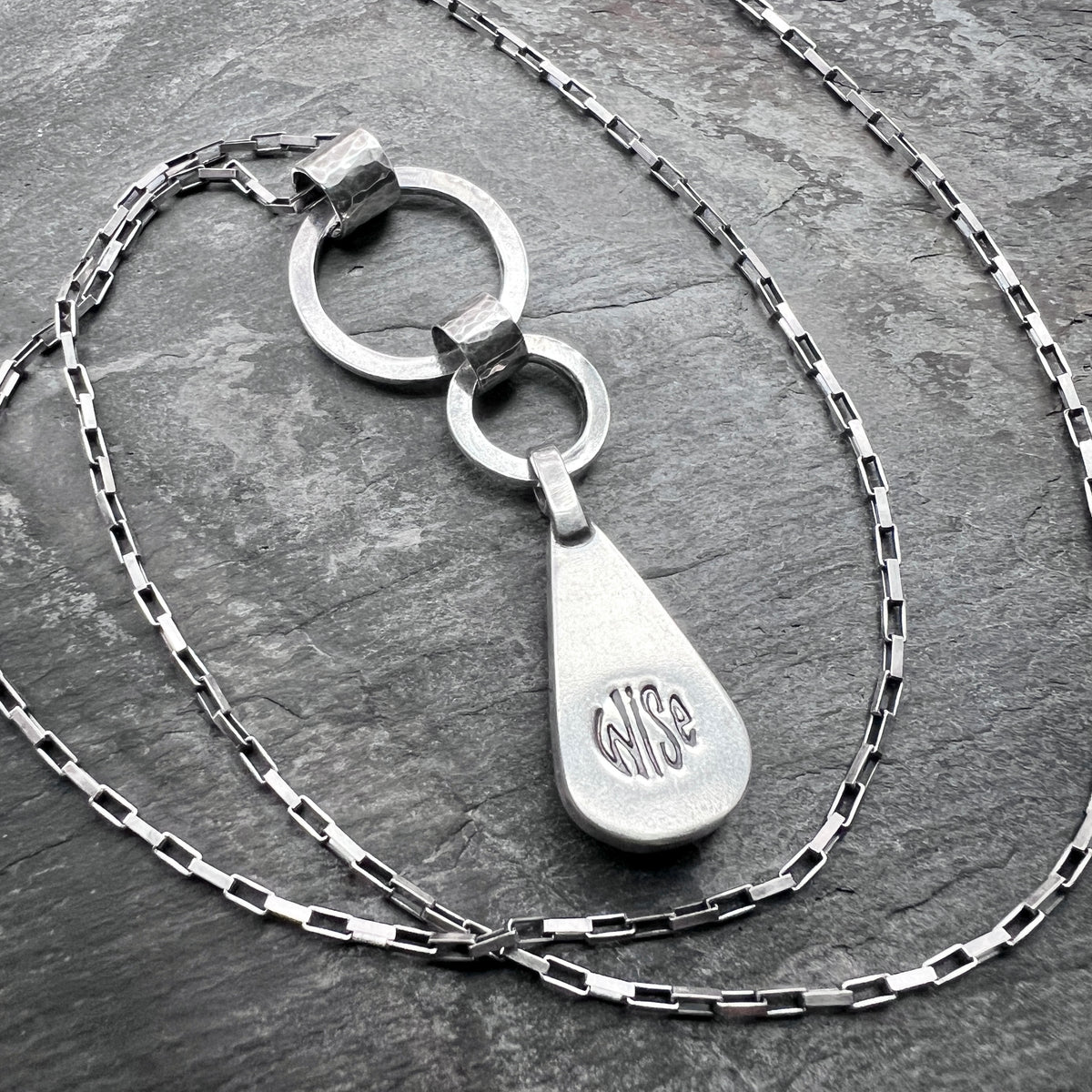 Sterling Silver Genuine Turquoise Necklace | Hammered Rings and Green Natural Stone Teardrop Pendant