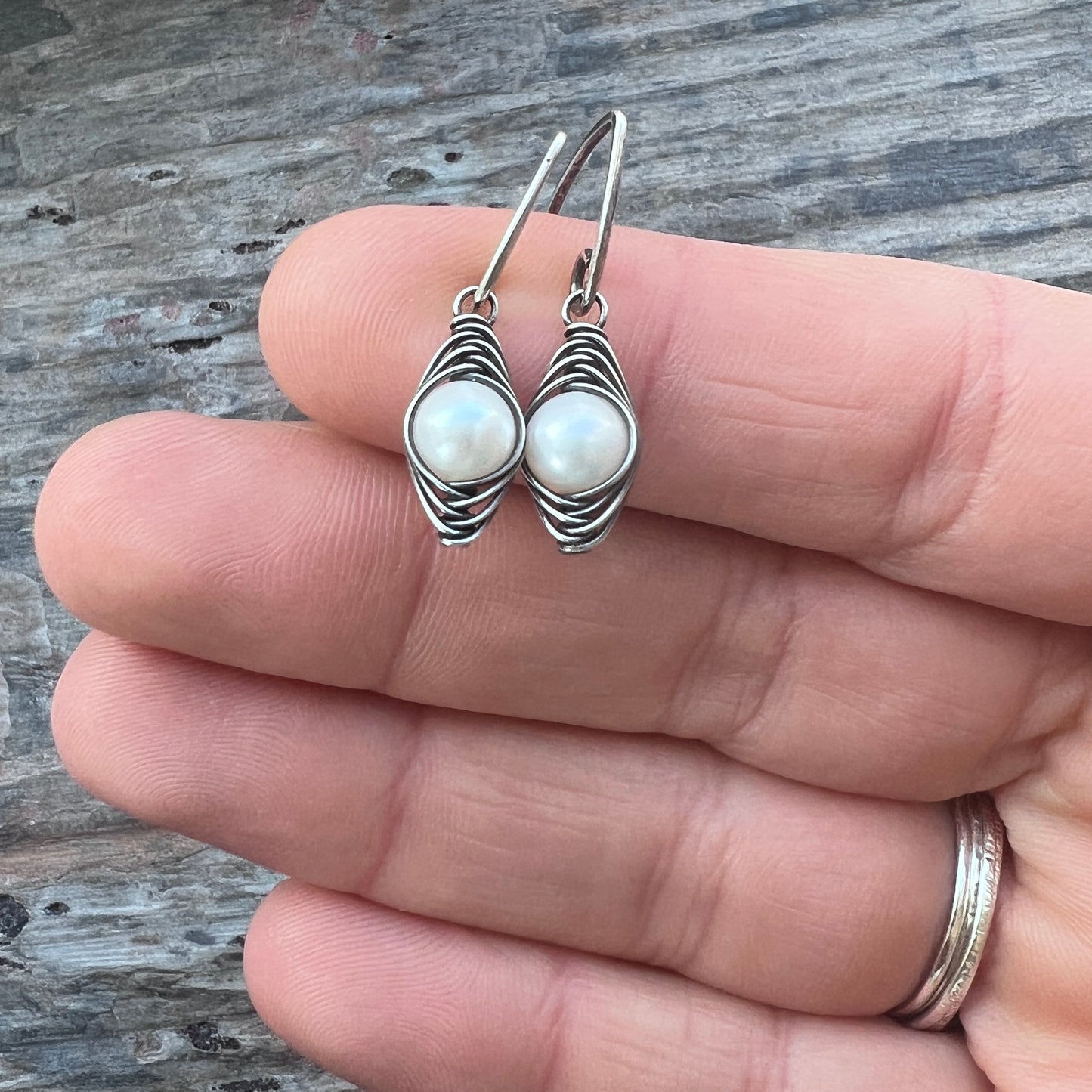 Sterling Silver Pearl Earrings | Genuine Freshwater Pearl Wire-wrapped Dangles