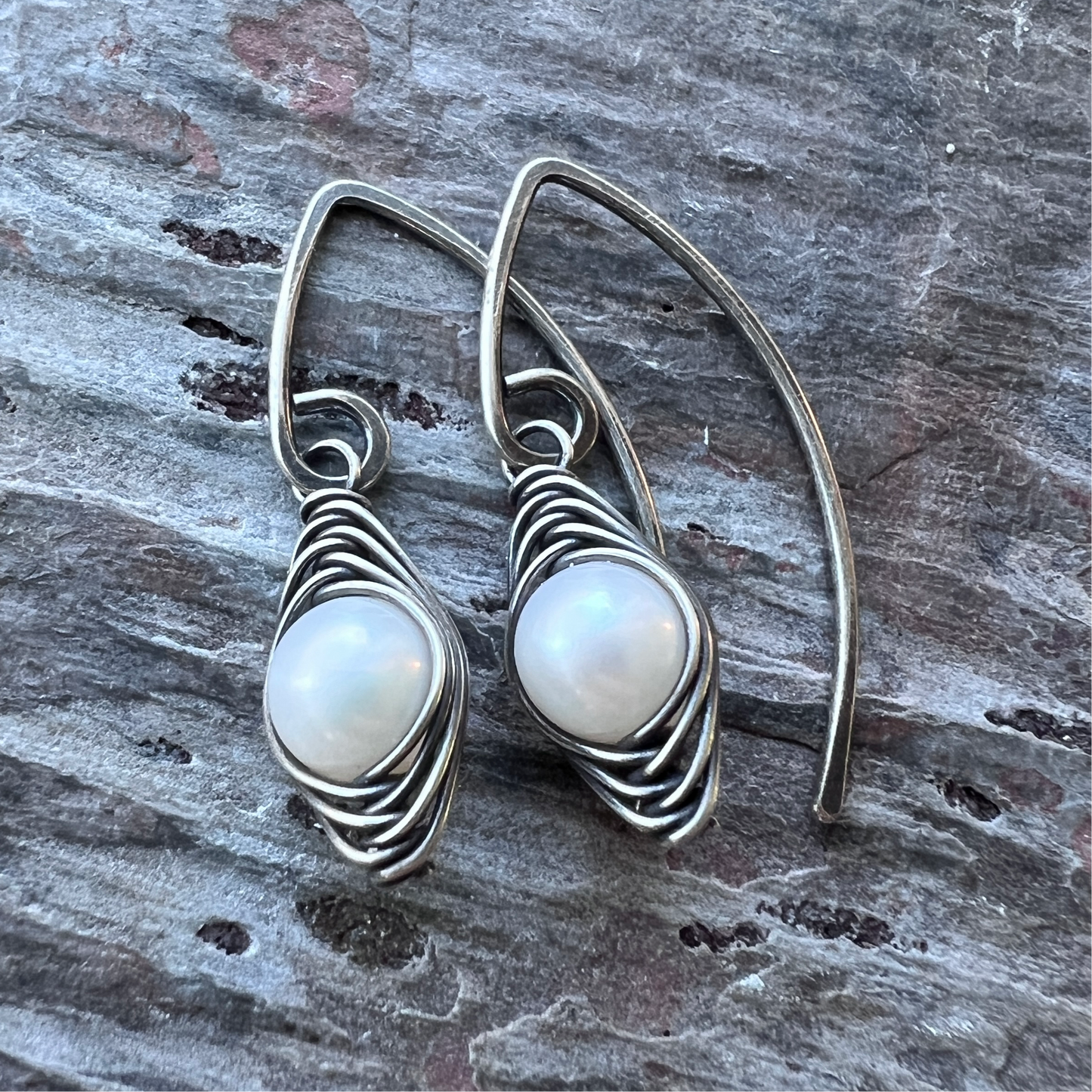 Sterling Silver Pearl Earrings | Genuine Freshwater Pearl Wire-wrapped Dangles