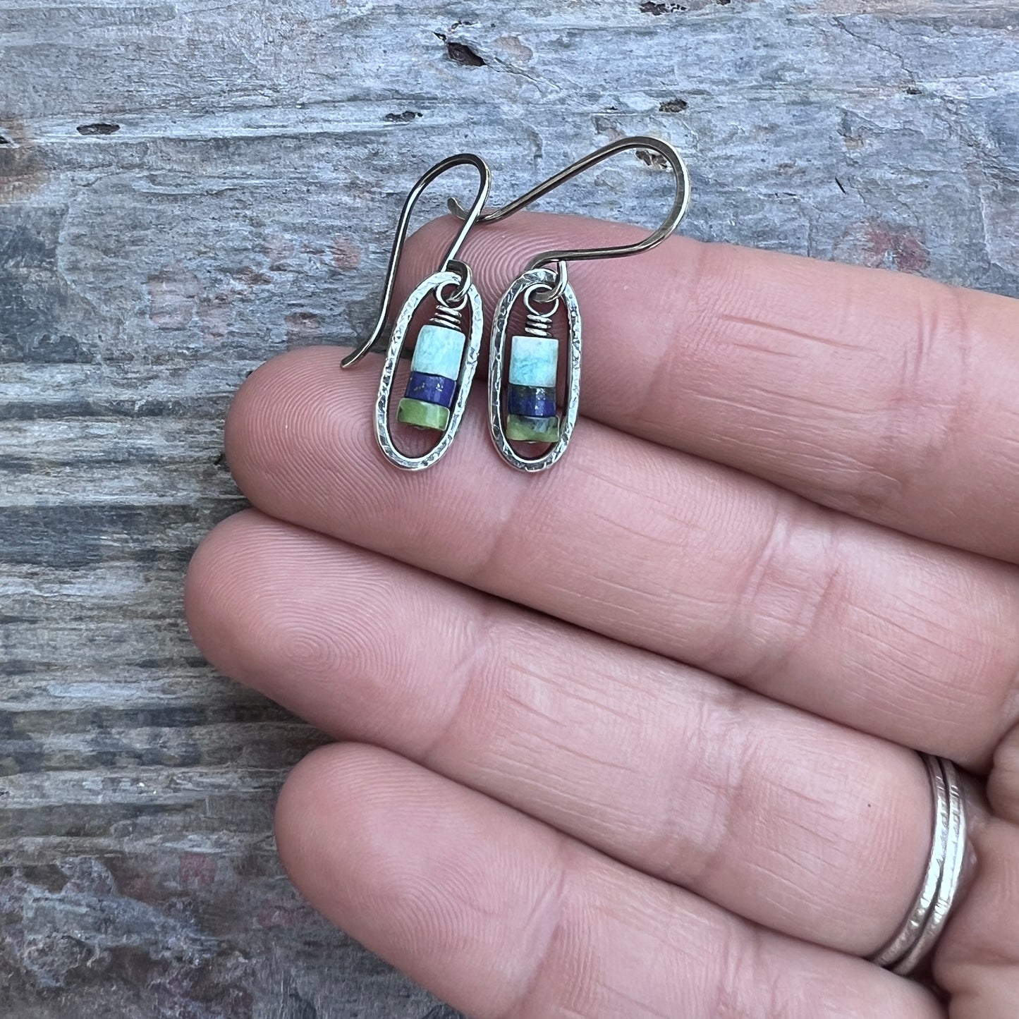 Sterling Silver Genuine Stone Earrings | Amazonite, Lapis Lazuli, and Chrysoprase in Hammered Oval Dangles