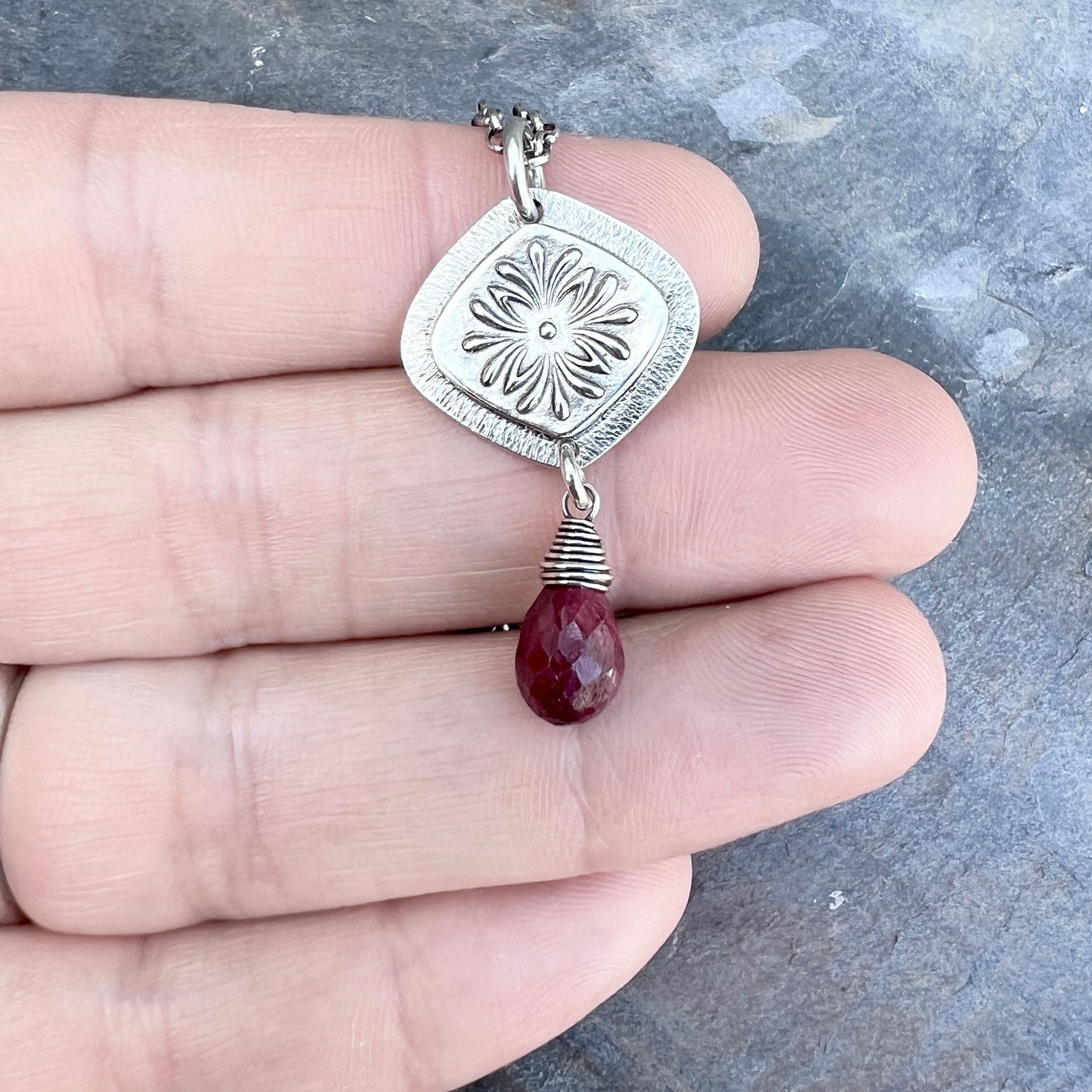Genuine Ruby Sterling Silver Necklace | Flower Medallion and Ruby Red Teardrop Pendant
