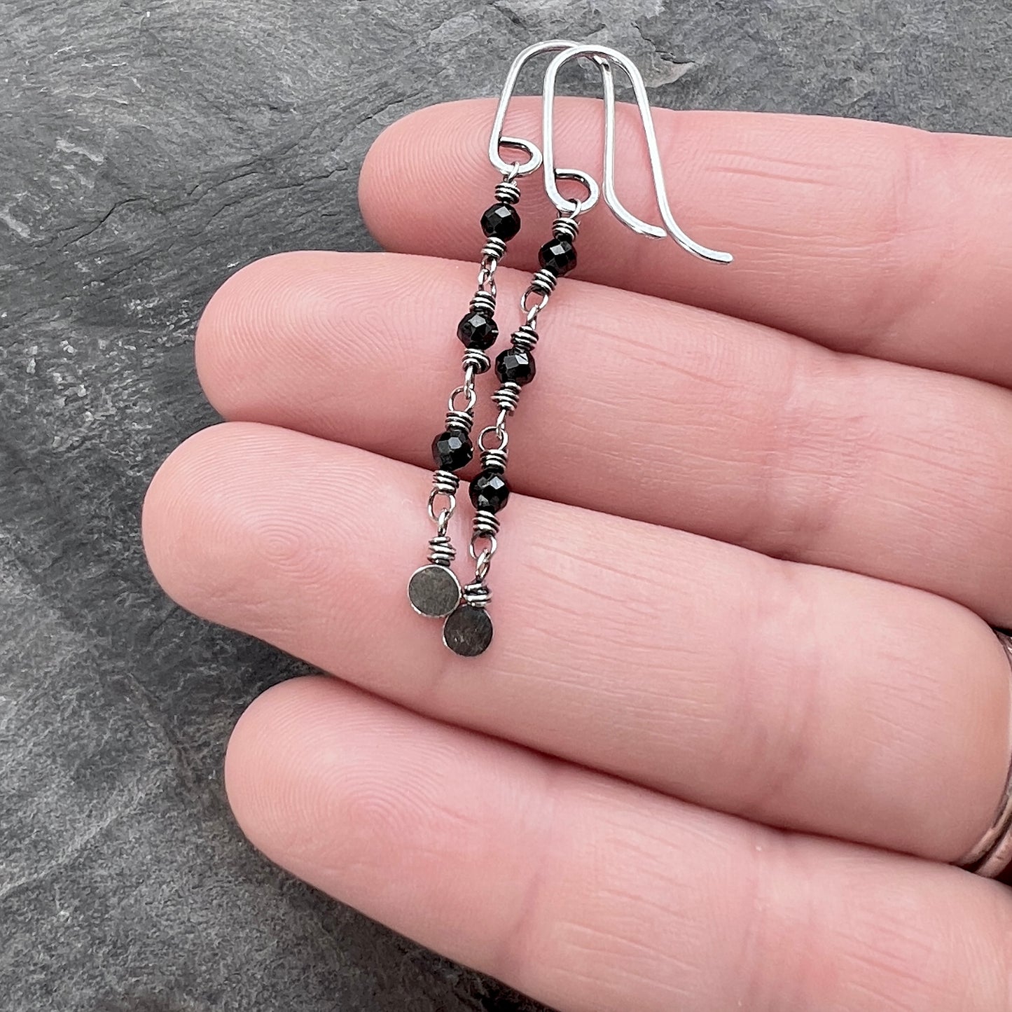 Sterling Silver Black Spinel Earrings | Beaded Stone Long Dangles