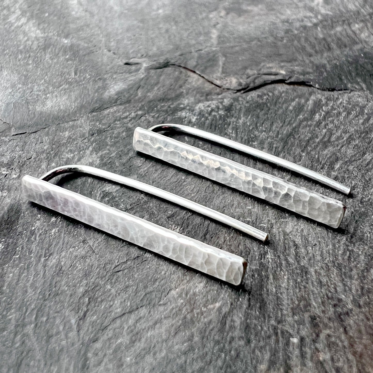 Sterling Silver Hammered Bar Earrings | Minimalist Silver Dangles
