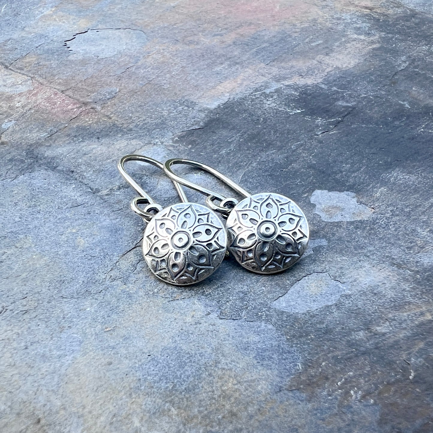 Sterling Silver Small Flower Medallion Earrings | Stamped Silver Circle Dangles
