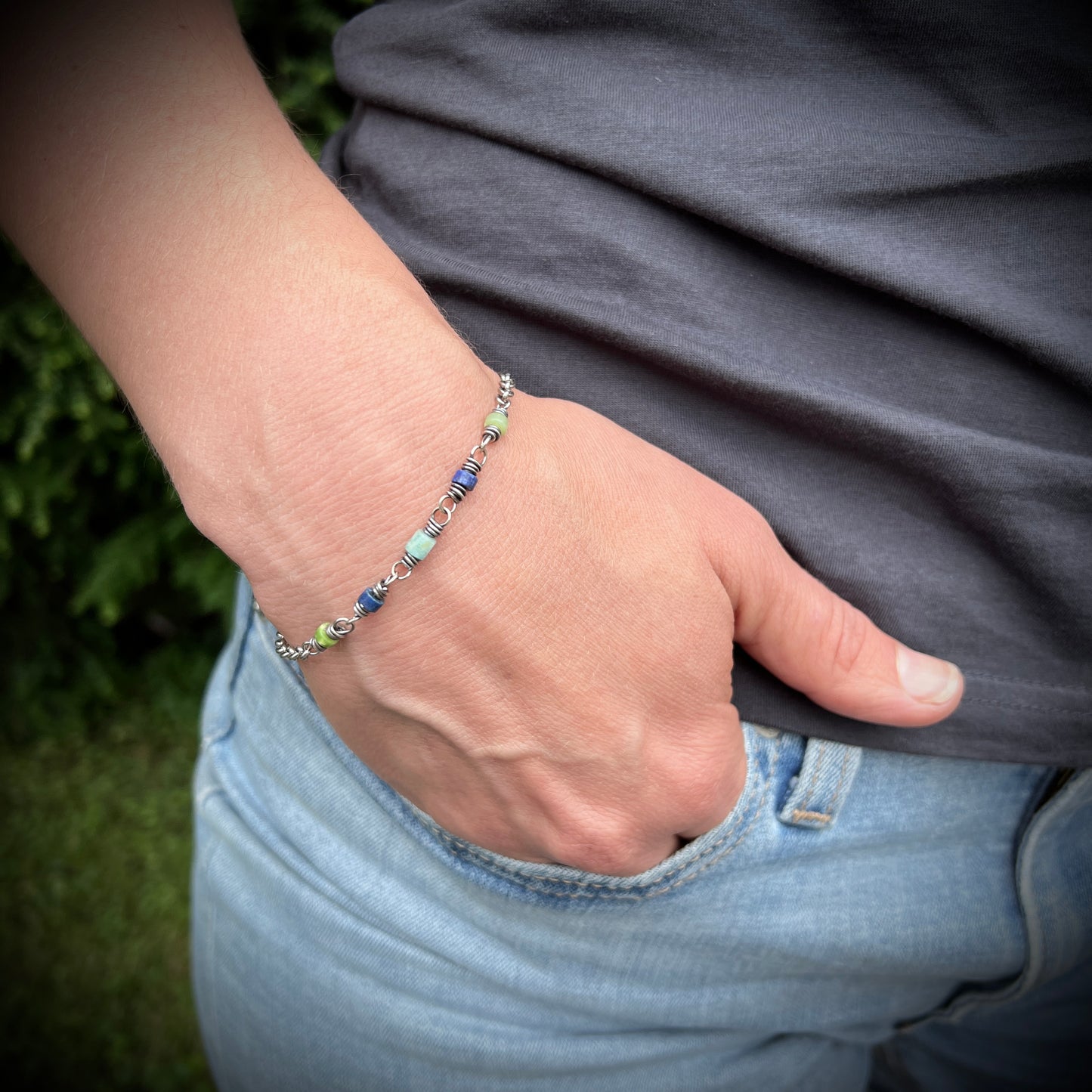 Sterling Silver Genuine Stone Bracelet | Amazonite, Lapis Lazuli, and Chrysoprase with Hammered Oval Links