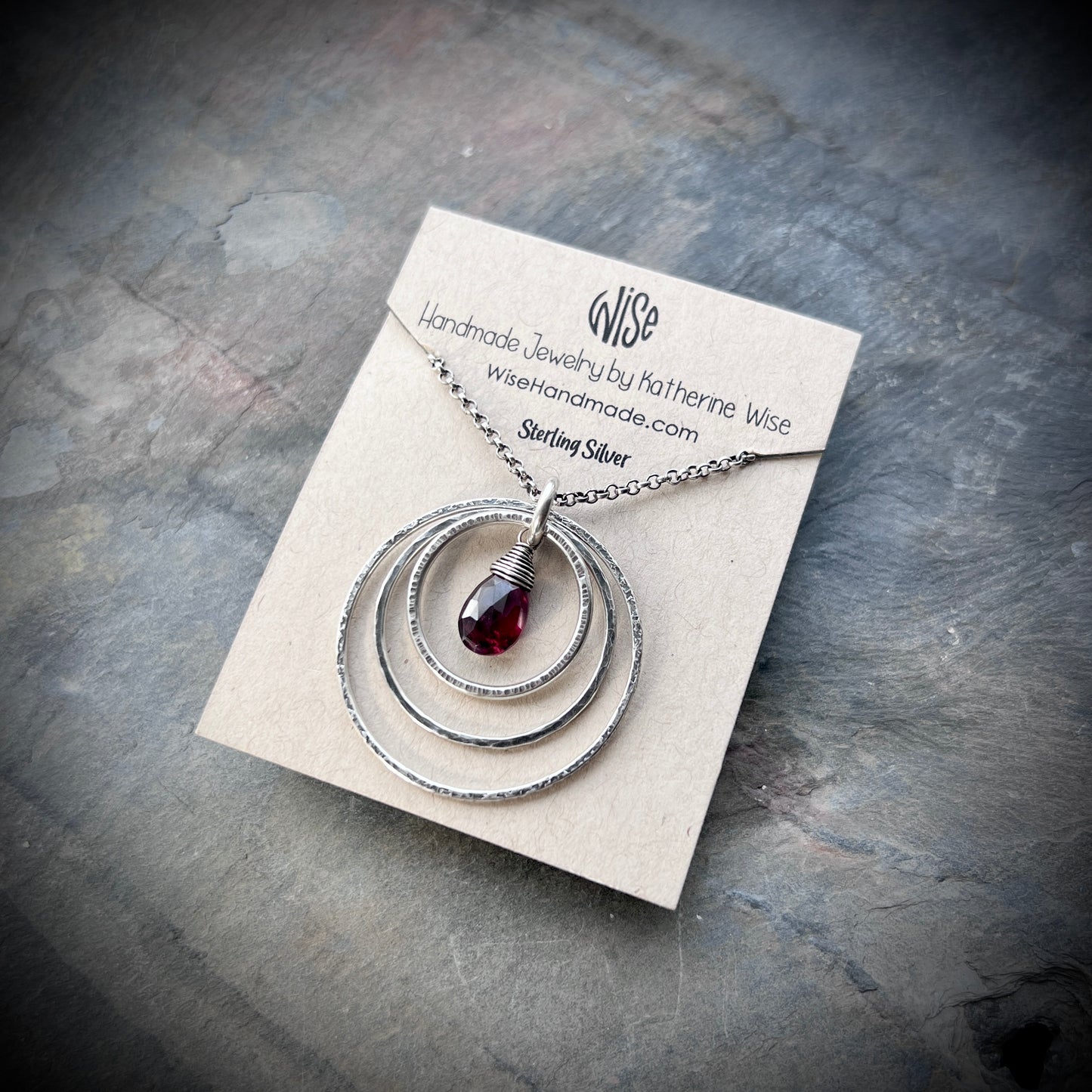 Genuine Garnet Sterling Silver Necklace | Deep Red Teardrop in Hammered Rings Pendant