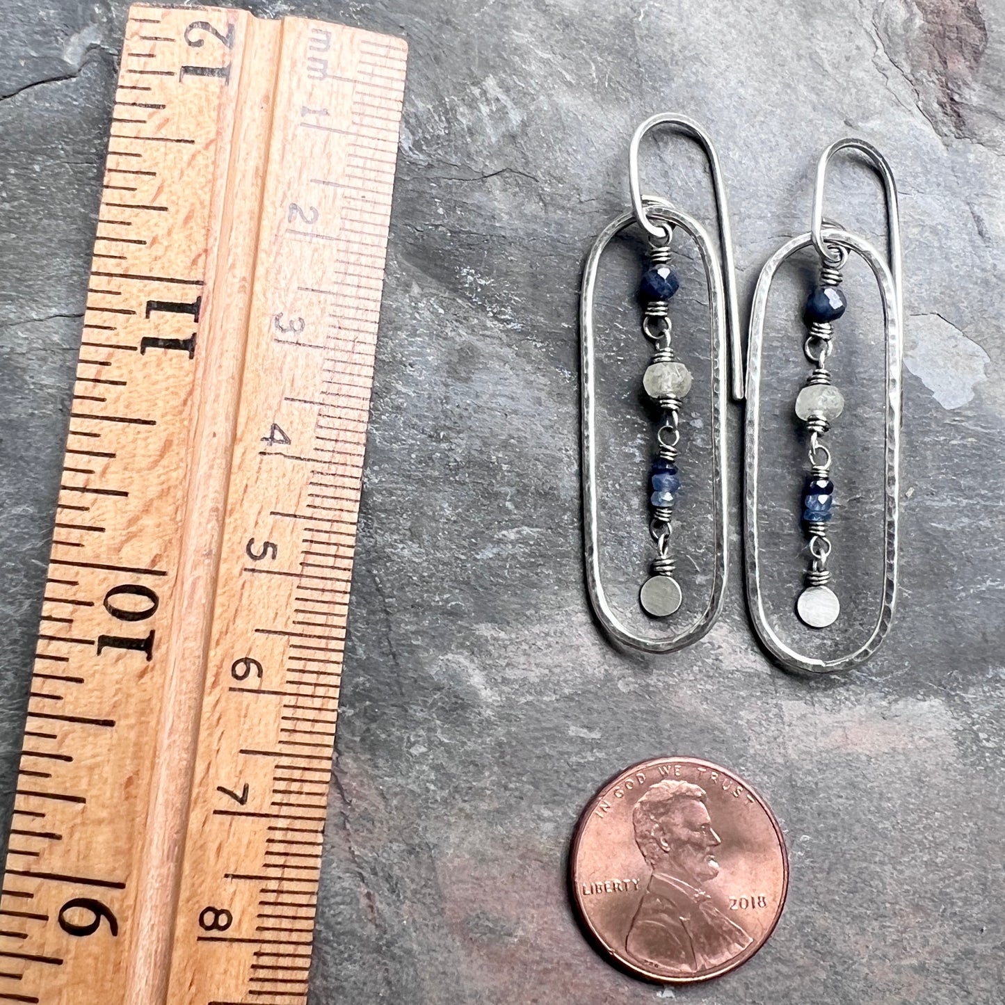Genuine Sapphire Sterling Silver Earrings | Blue Natural Stone Hammered Oval Dangles