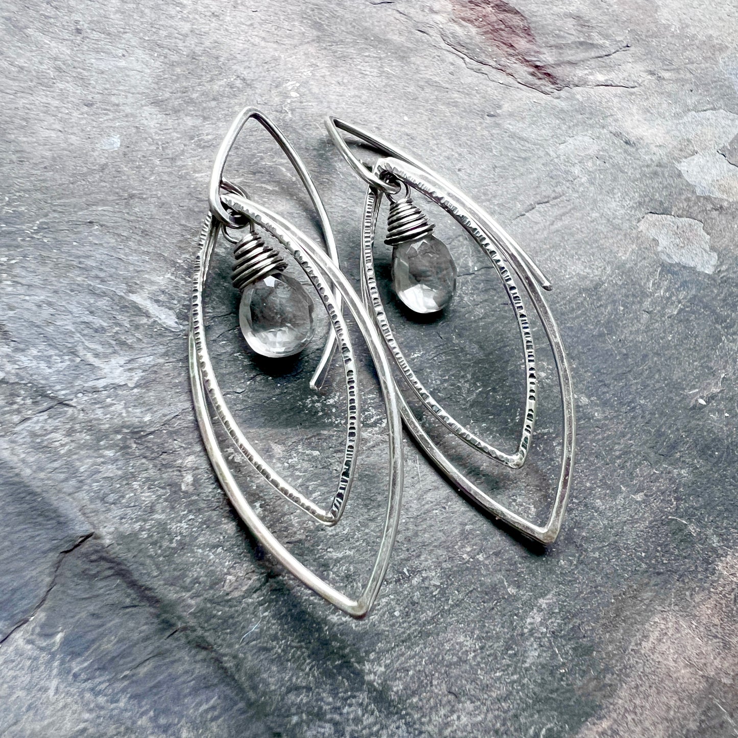 Sterling Silver Crystal Quartz Earrings | Clear Natural Stone Hammered Marquise Dangles