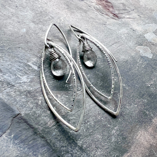 Sterling Silver Crystal Quartz Earrings | Clear Natural Stone Hammered Marquise Dangles