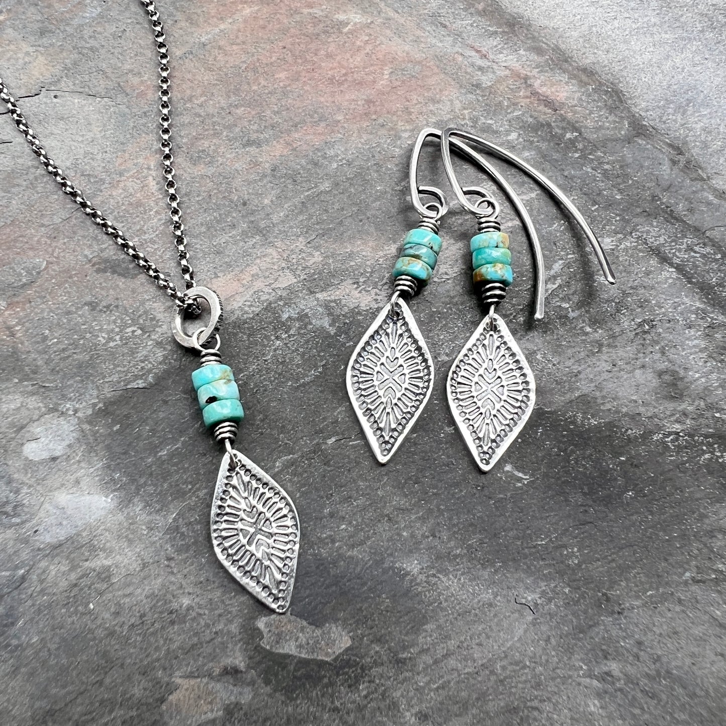 Genuine Turquoise Sterling Silver Earrings | Natural Stone Beads with Stamped Silver Dangle
