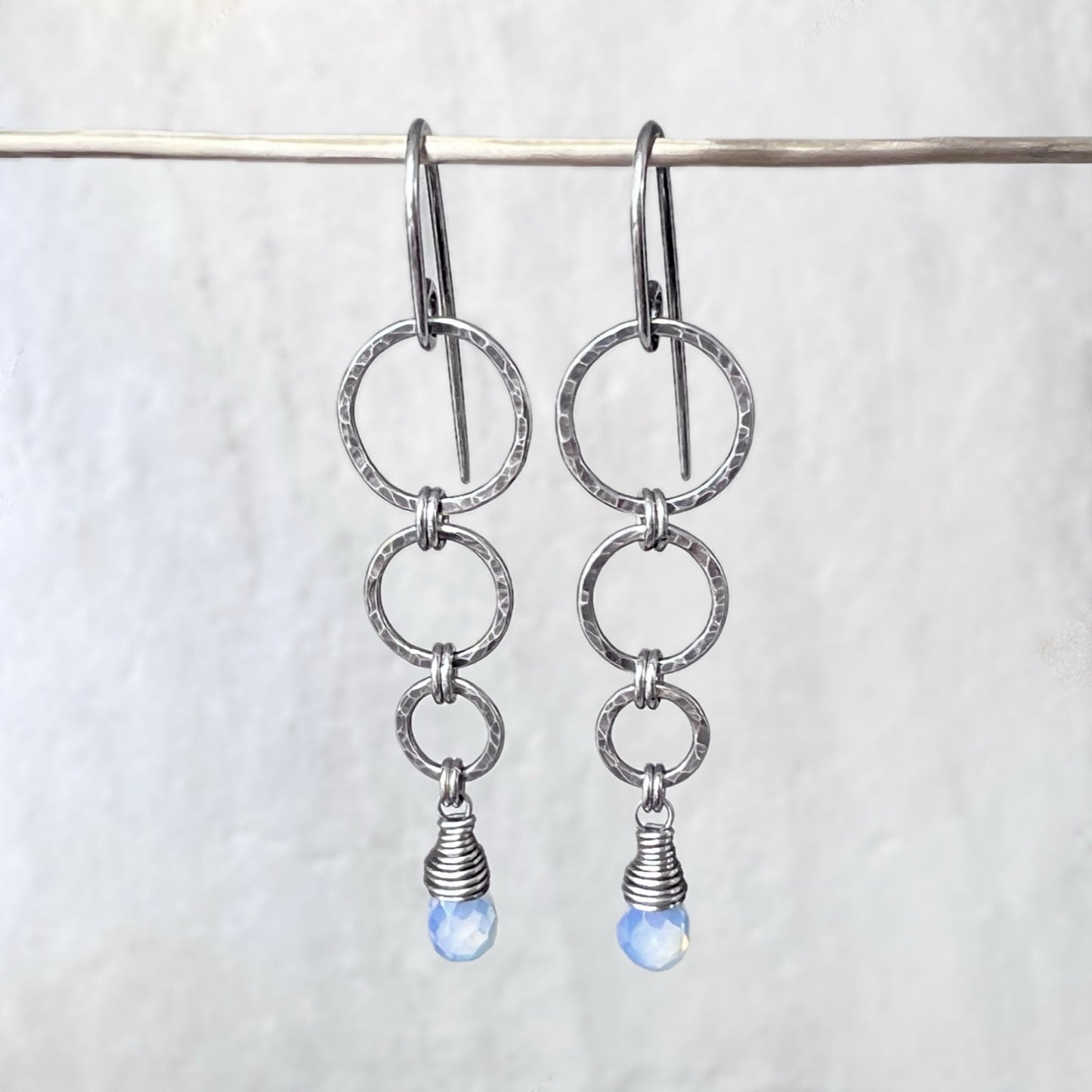 Sterling Silver Opalite Earrings | Opalite Teardrops on Hammered Rings Long Dangle Earrings