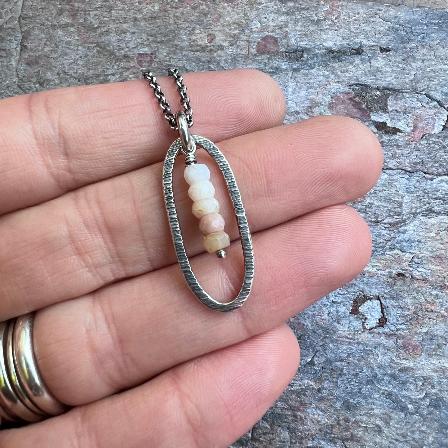 Pink Opal Sterling Silver Necklace - Genuine Pink Opal and Sterling Silver Elongated Pendant on Sterling Silver Chain