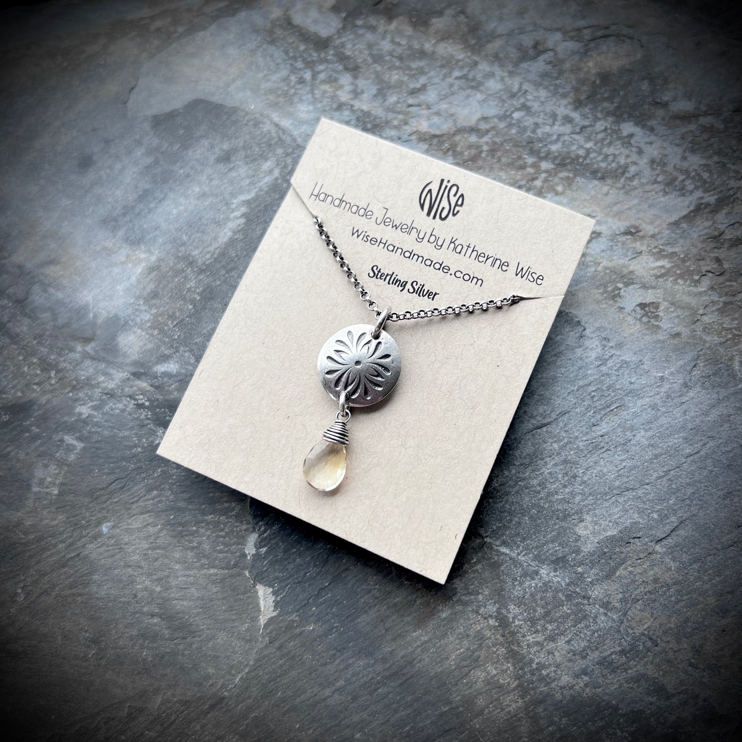 Genuine Citrine Sterling Silver Necklace | Flower Medallion and Yellow Teardrop Pendant