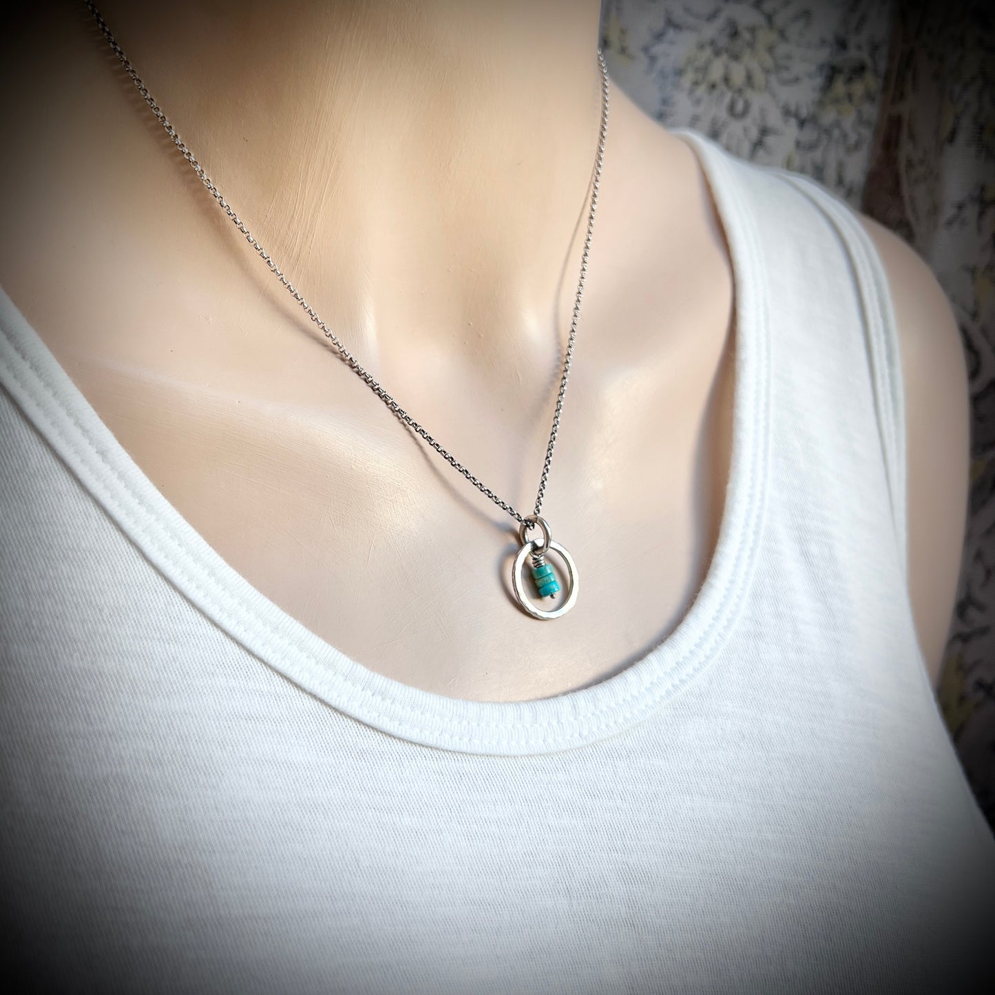 Turquoise Sterling Silver Necklace - Genuine Turquoise in Hammered Circle Pendant