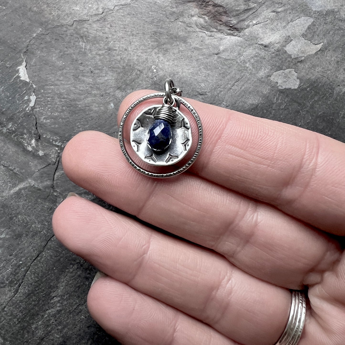 Genuine Sapphire Sterling Silver Necklace | Dark Blue Gemstone Stamped Circle Pendant