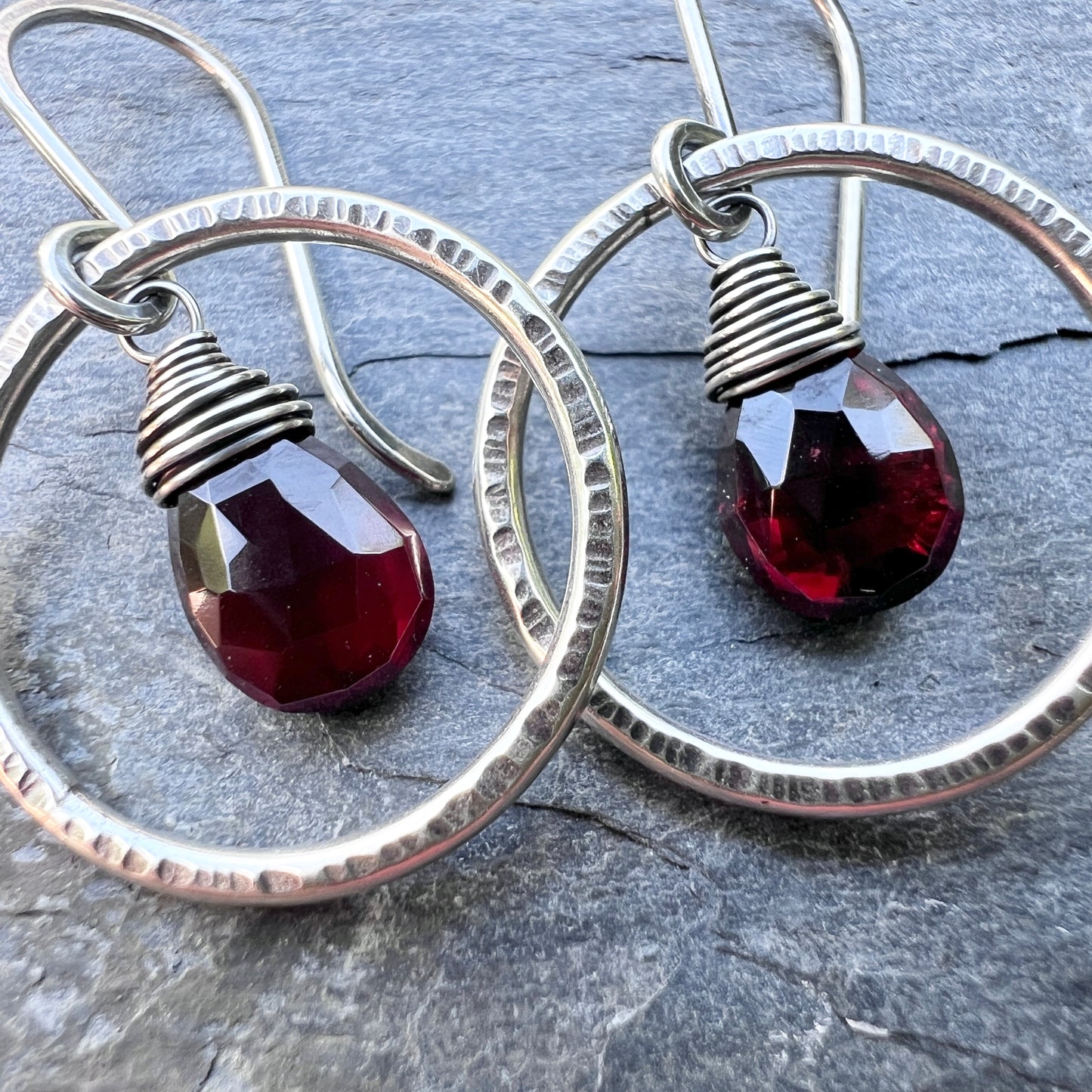 Genuine Garnet Sterling Silver Earrings | Deep Red Teardrops in Hammered Hoops