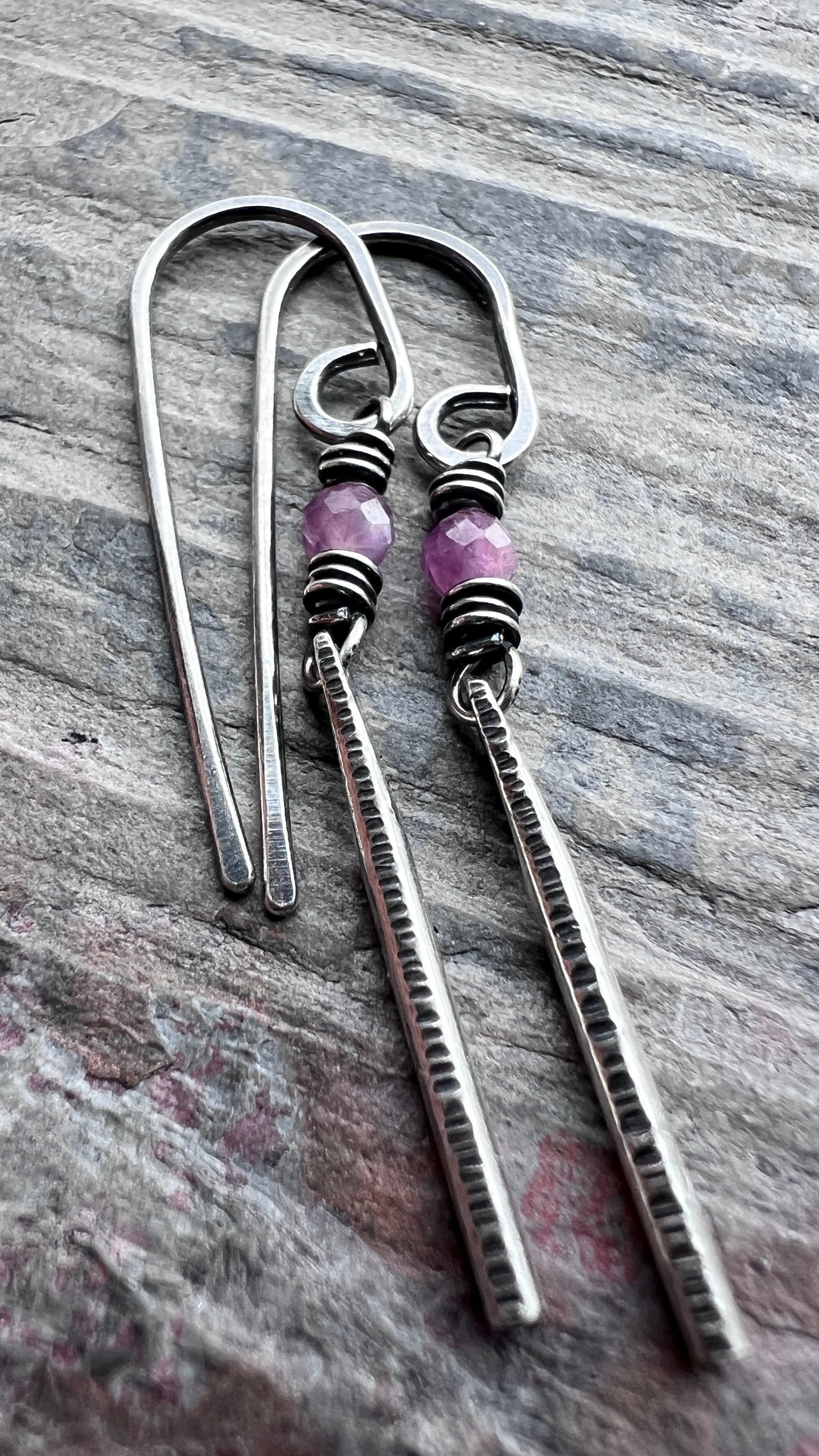 Customizable Sterling Silver Birthstone Earrings | Genuine Gemstone and Hammered Bar Dangle Earrings