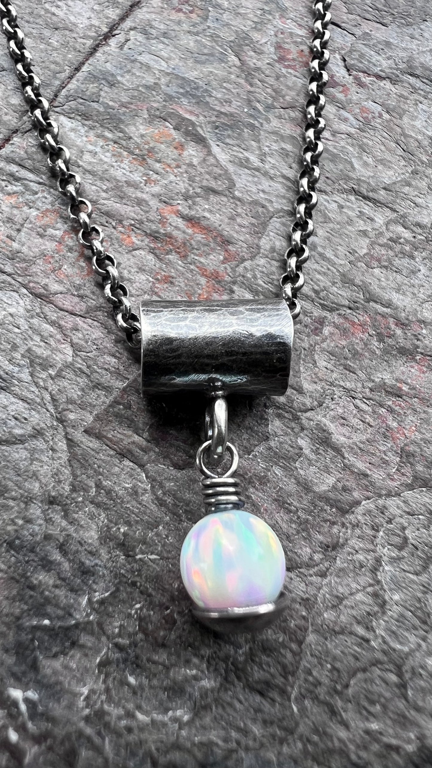 Sterling Silver and Simulated Opal Necklace - Simulated Opal Pendant on Sterling Silver Chain