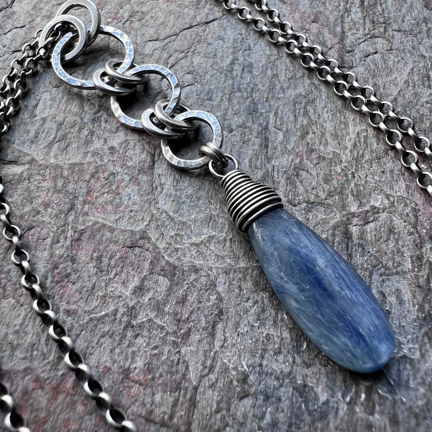 Sterling Silver Blue Kyanite Necklace Natural Stone Hammered Silver Pendant Long Necklace