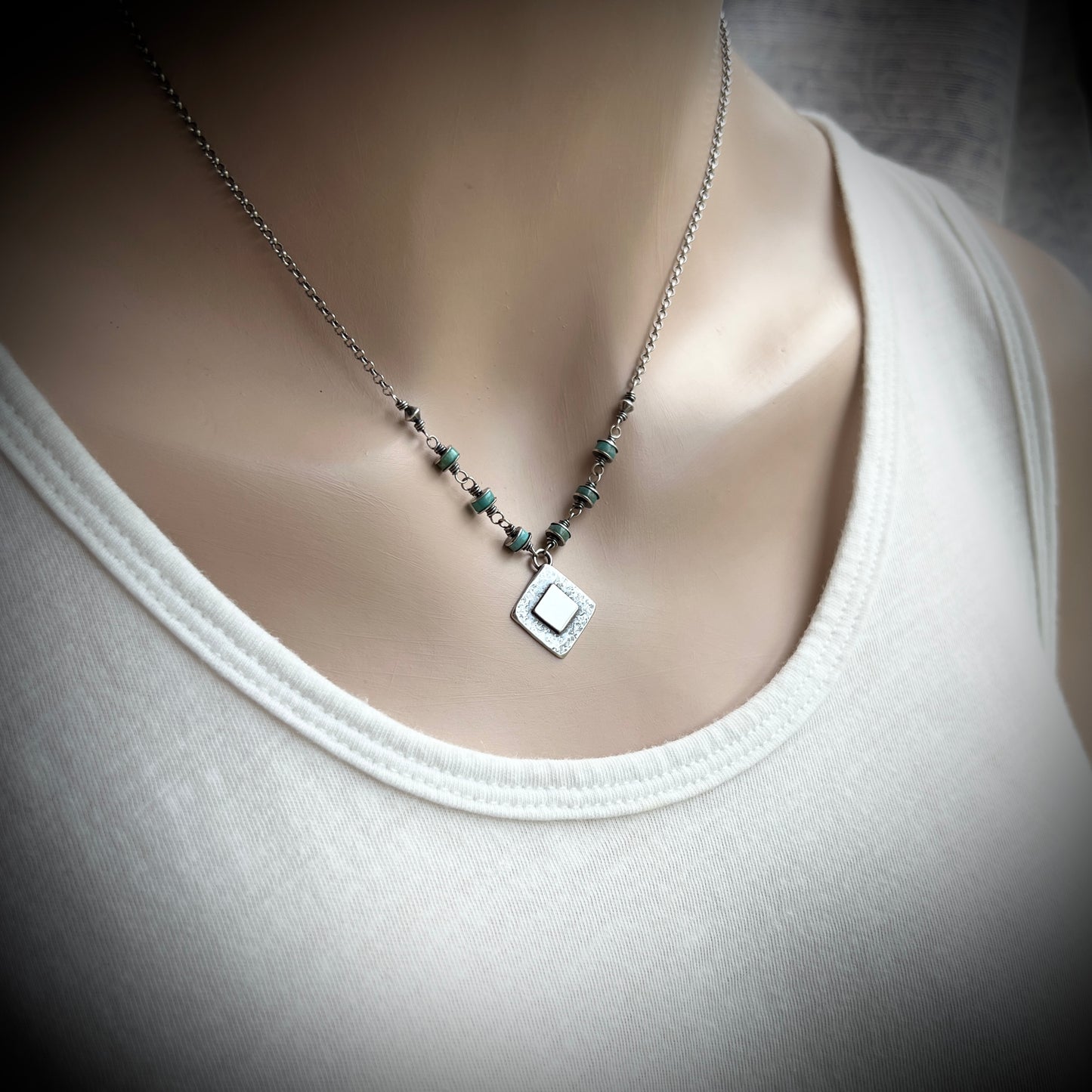 Genuine Turquoise Sterling Silver Necklace | Natural Stone Wire-wrapped Beads with Silver Diamond Pendant