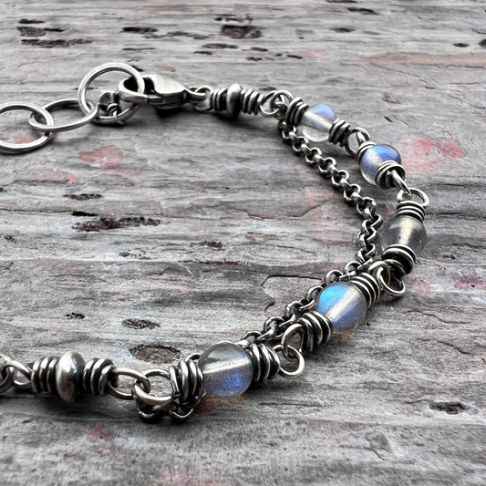 Sterling Silver Labradorite Bracelet | Beaded Natural Stone Adjustable Bracelet