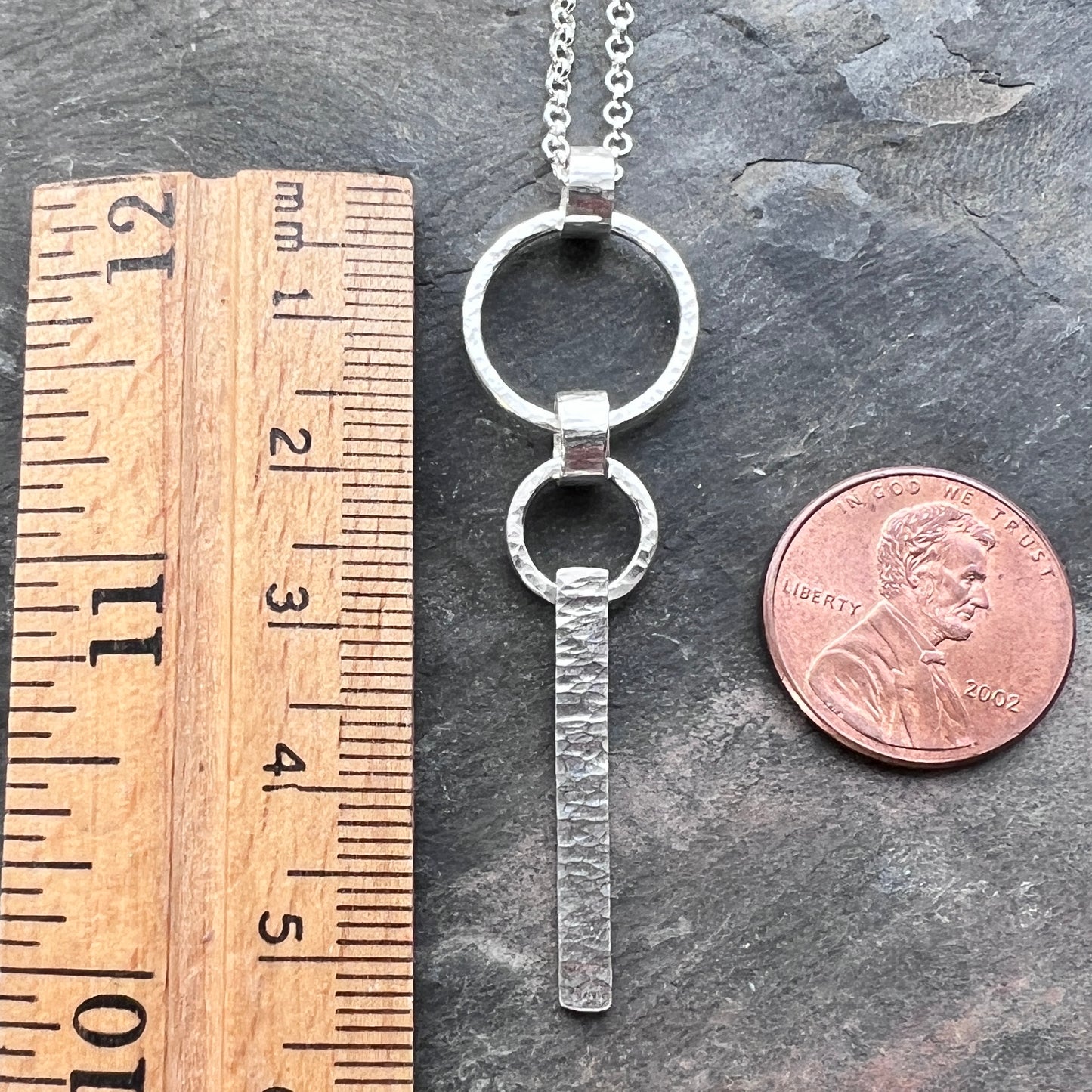 Sterling Silver Hammered Bar and Rings Necklace | Handmade Long Silver Pendant