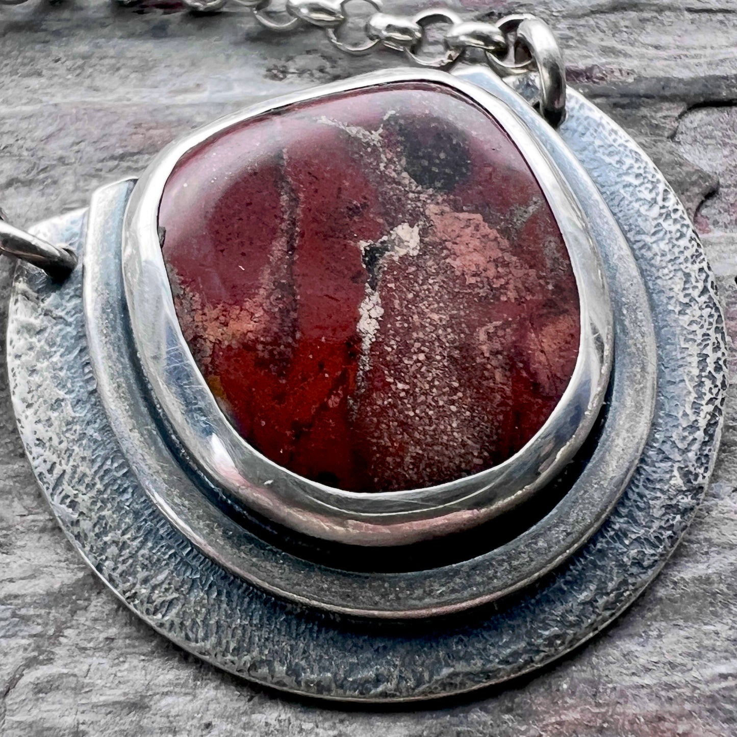 Sterling Silver Red Jasper Necklace | Natural Stone Semicircle Pendant