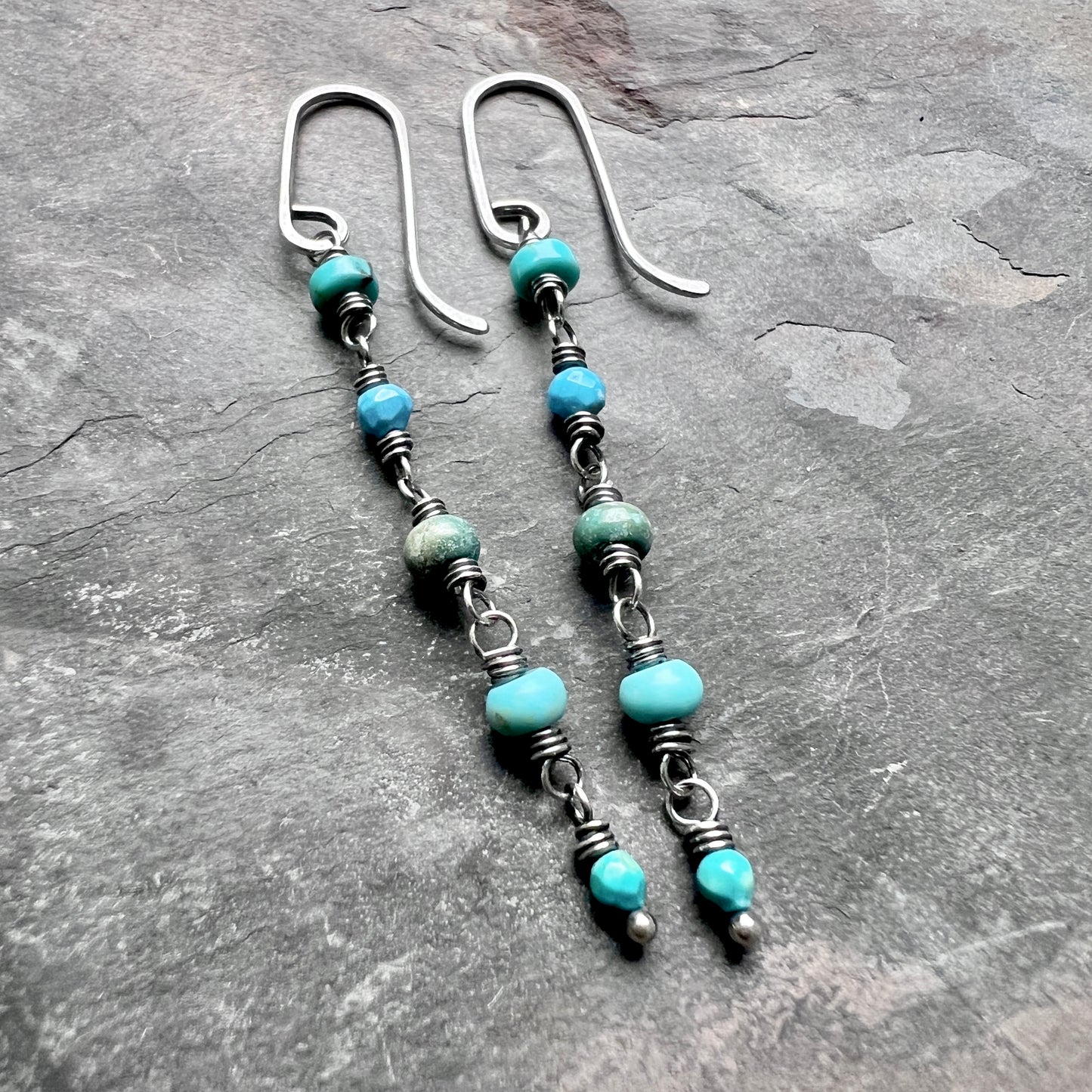 Genuine Turquoise Sterling Silver Earrings | Mixed Natural Stone Long Dangle Earrings