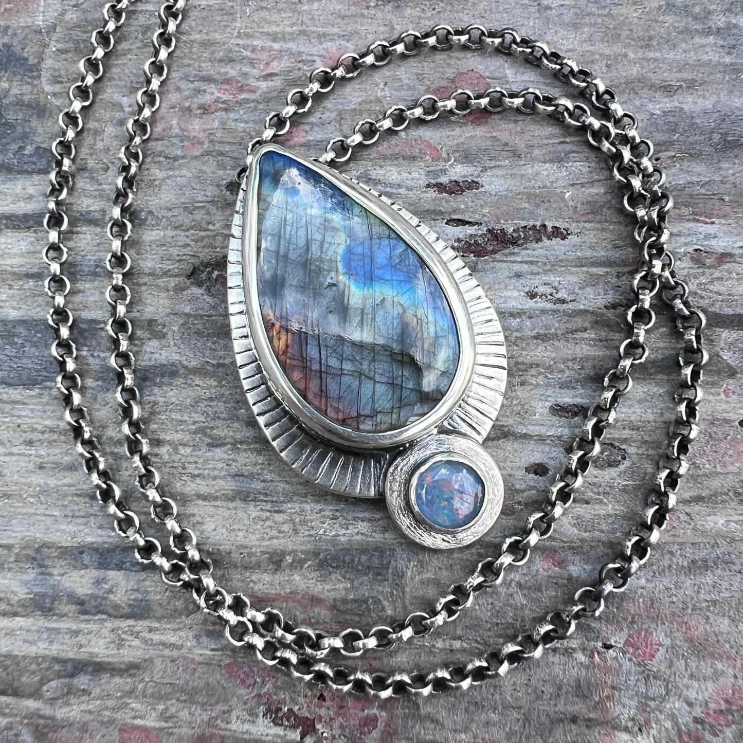 Sterling Silver Labradorite Necklace | Natural Stone Teardrop with Opal Triplet Pendant