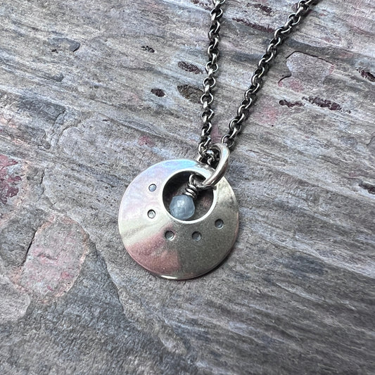 Sterling Silver Birthstone Necklace | Customizable Genuine Gemstone and Stamped Circle Pendant