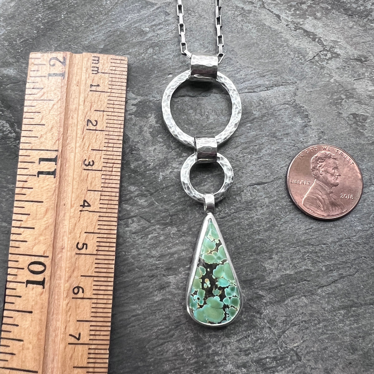 Sterling Silver Genuine Turquoise Necklace | Hammered Rings and Green Natural Stone Teardrop Pendant