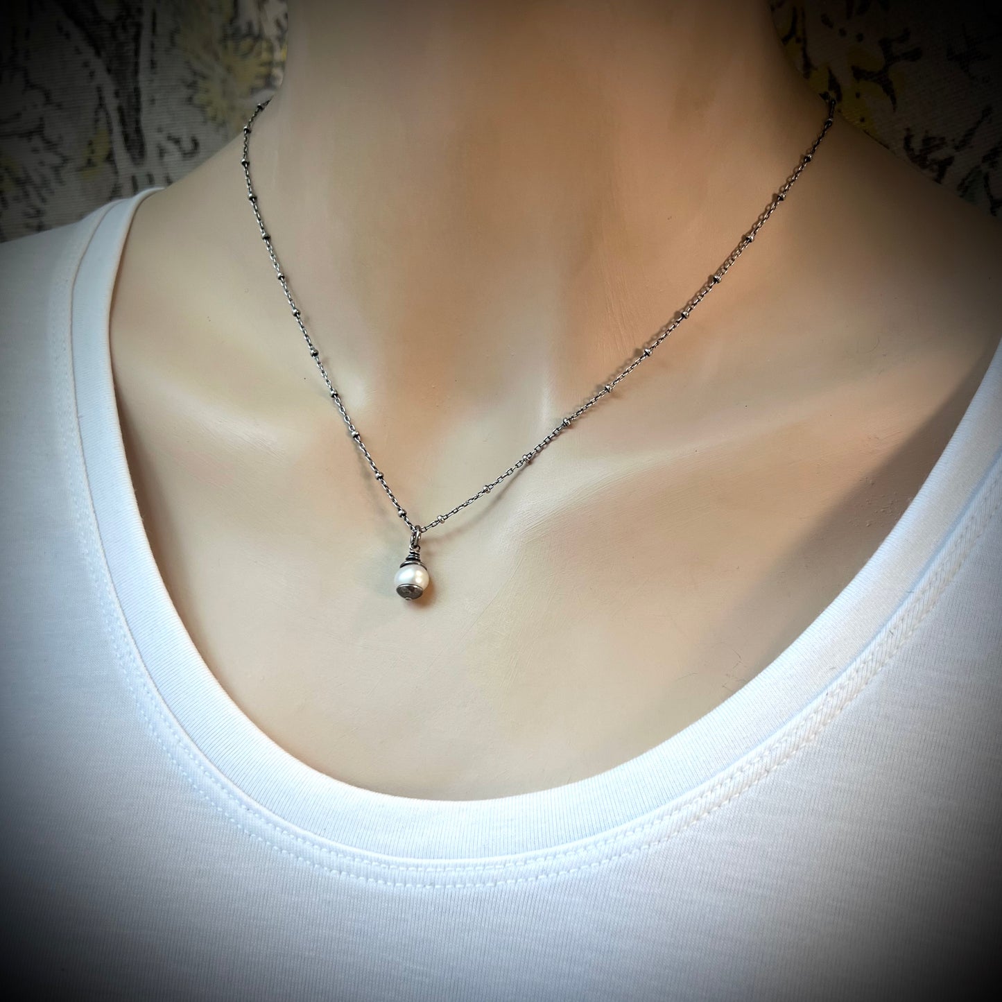 Sterling Silver Pearl Necklace - Small Genuine Freshwater Pearl Pendant on Sterling Silver Satellite Chain