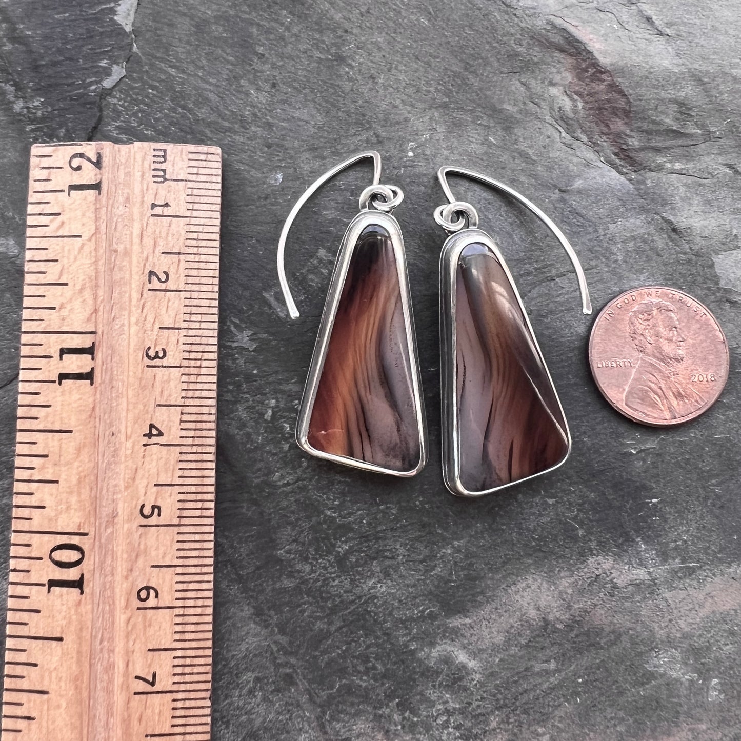 Sterling Silver Montana Agate Earrings | Brown Triangular Stone Cabochon Large Dangles