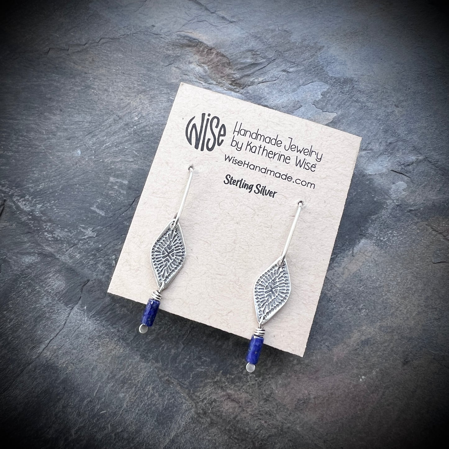Sterling Silver Lapis Lazuli Earrings | Blue Natural Stone Stamped Silver Dangles