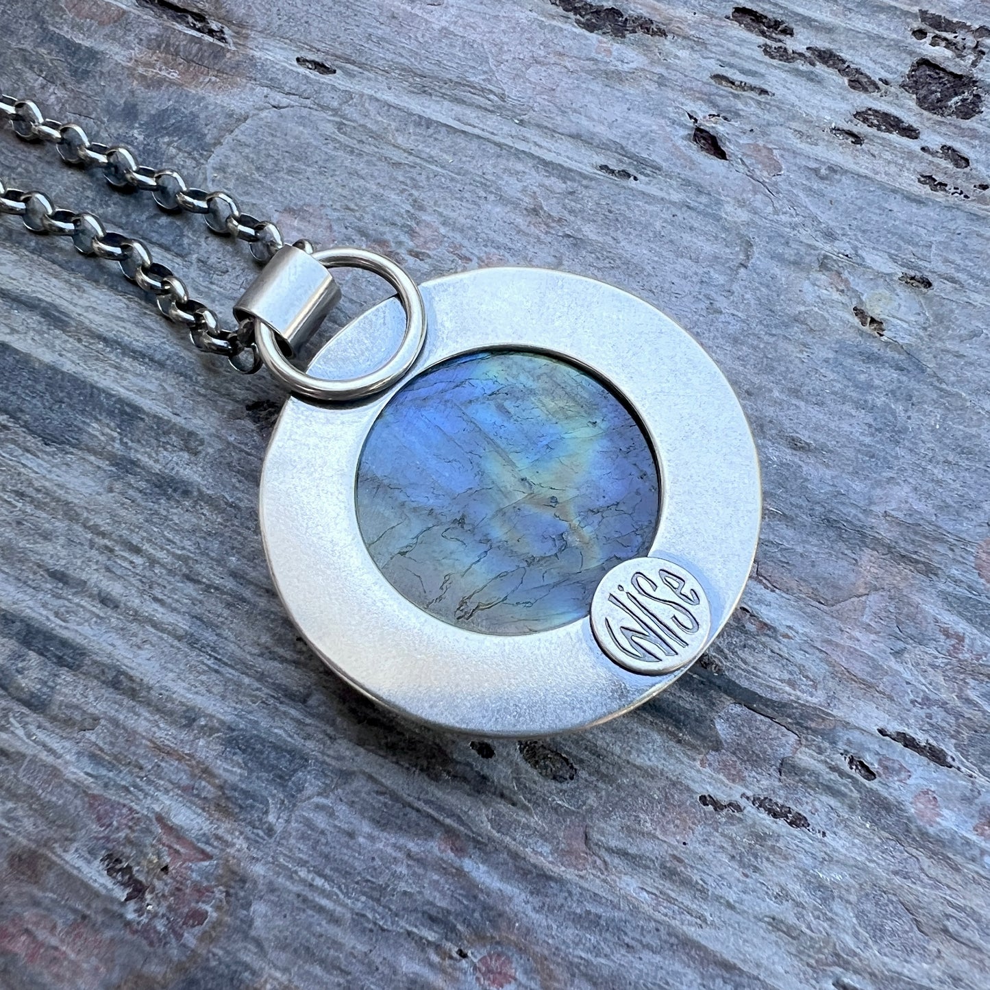 Labradorite Sterling Silver Necklace | Large Raw Natural Stone Round Pendant