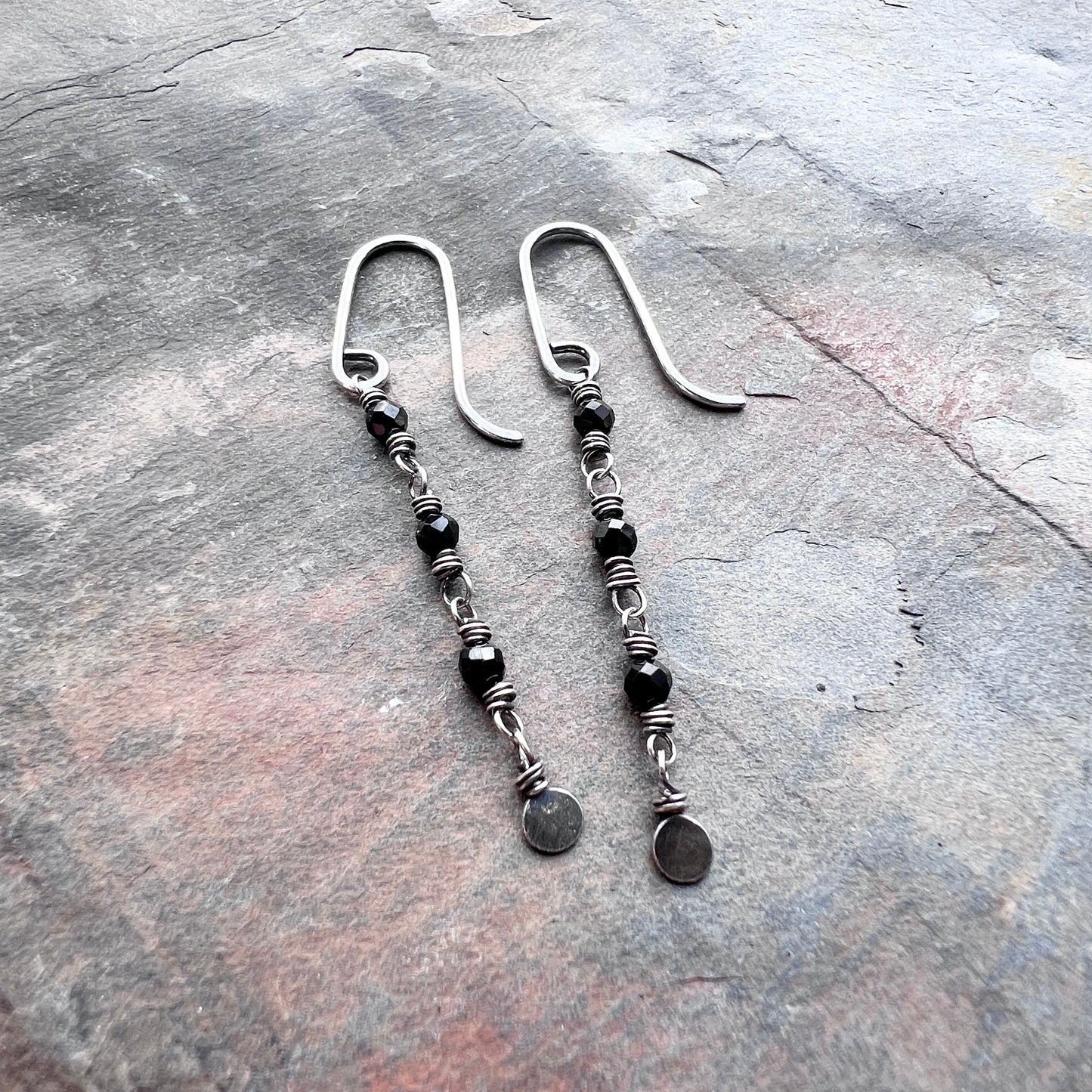 Sterling Silver Black Spinel Earrings | Beaded Stone Long Dangles